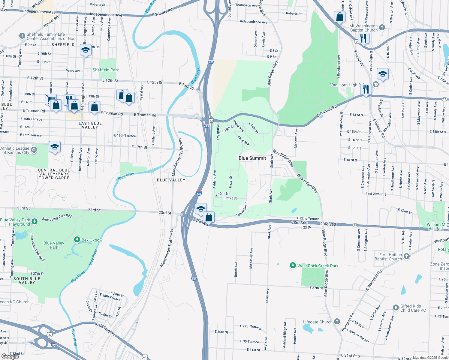 map of restaurants, bars, coffee shops, grocery stores, and more near 8501 East 19th Street in Kansas City