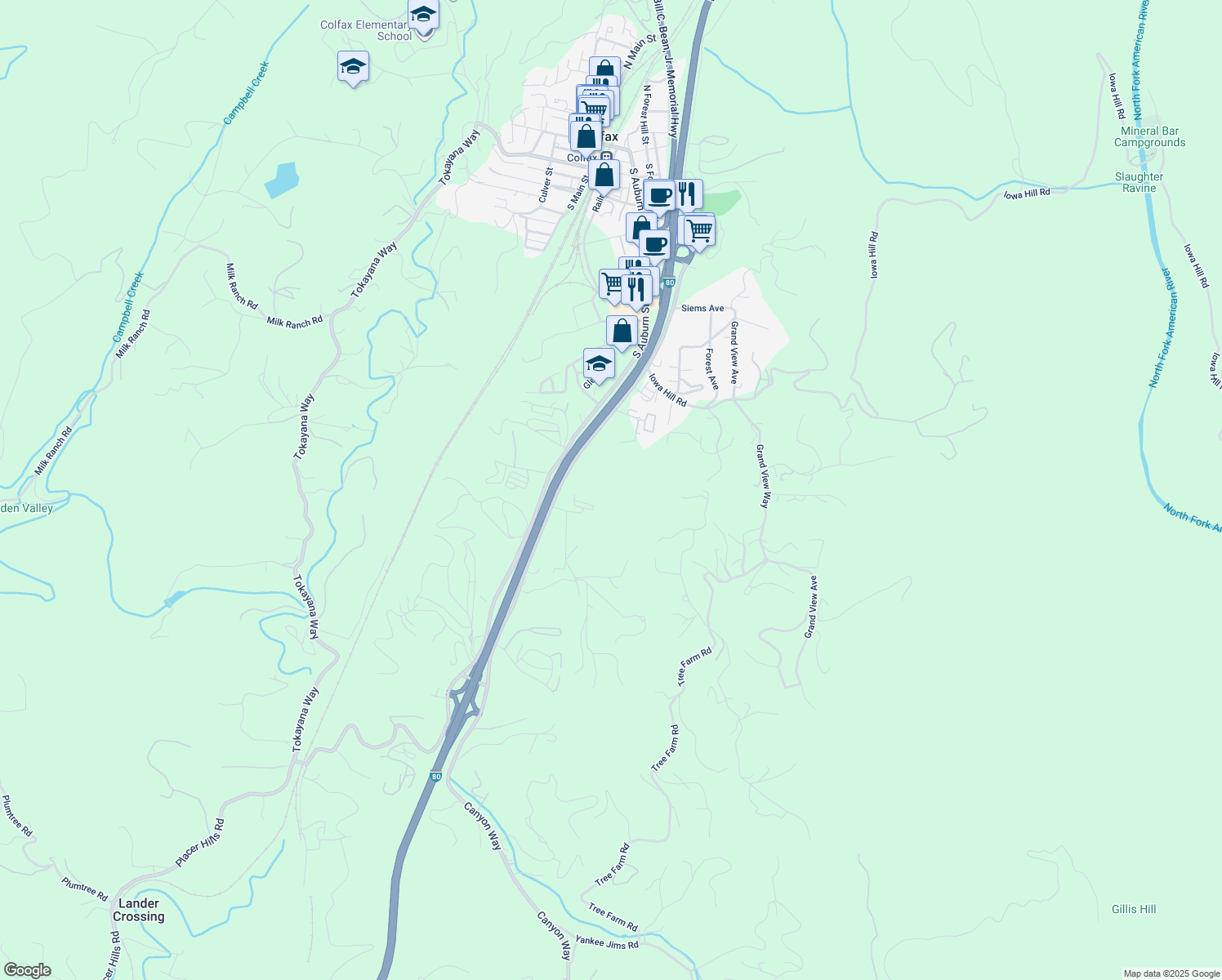 map of restaurants, bars, coffee shops, grocery stores, and more near 1200 South Canyon Way in Colfax