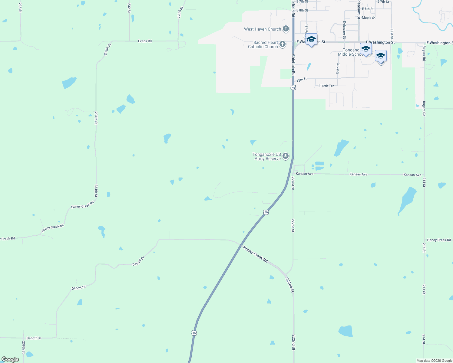map of restaurants, bars, coffee shops, grocery stores, and more near 17029 Chieftain Road in Tonganoxie