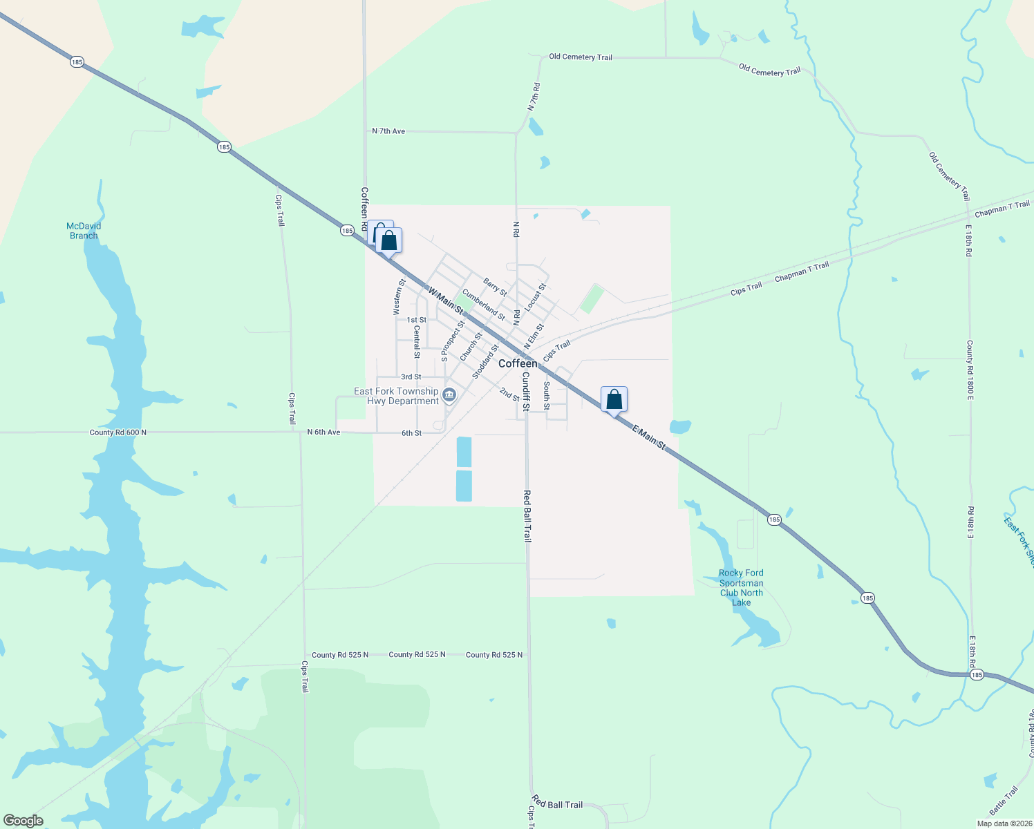 map of restaurants, bars, coffee shops, grocery stores, and more near 7 Moore Lane in Coffeen