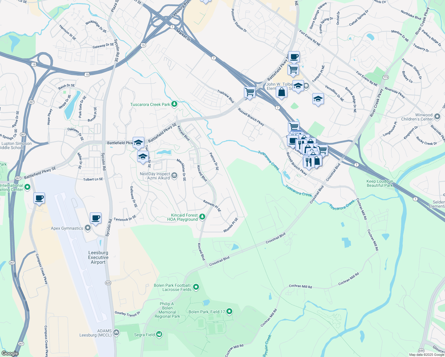 map of restaurants, bars, coffee shops, grocery stores, and more near 507 Sherry Ann Ct SE in Leesburg