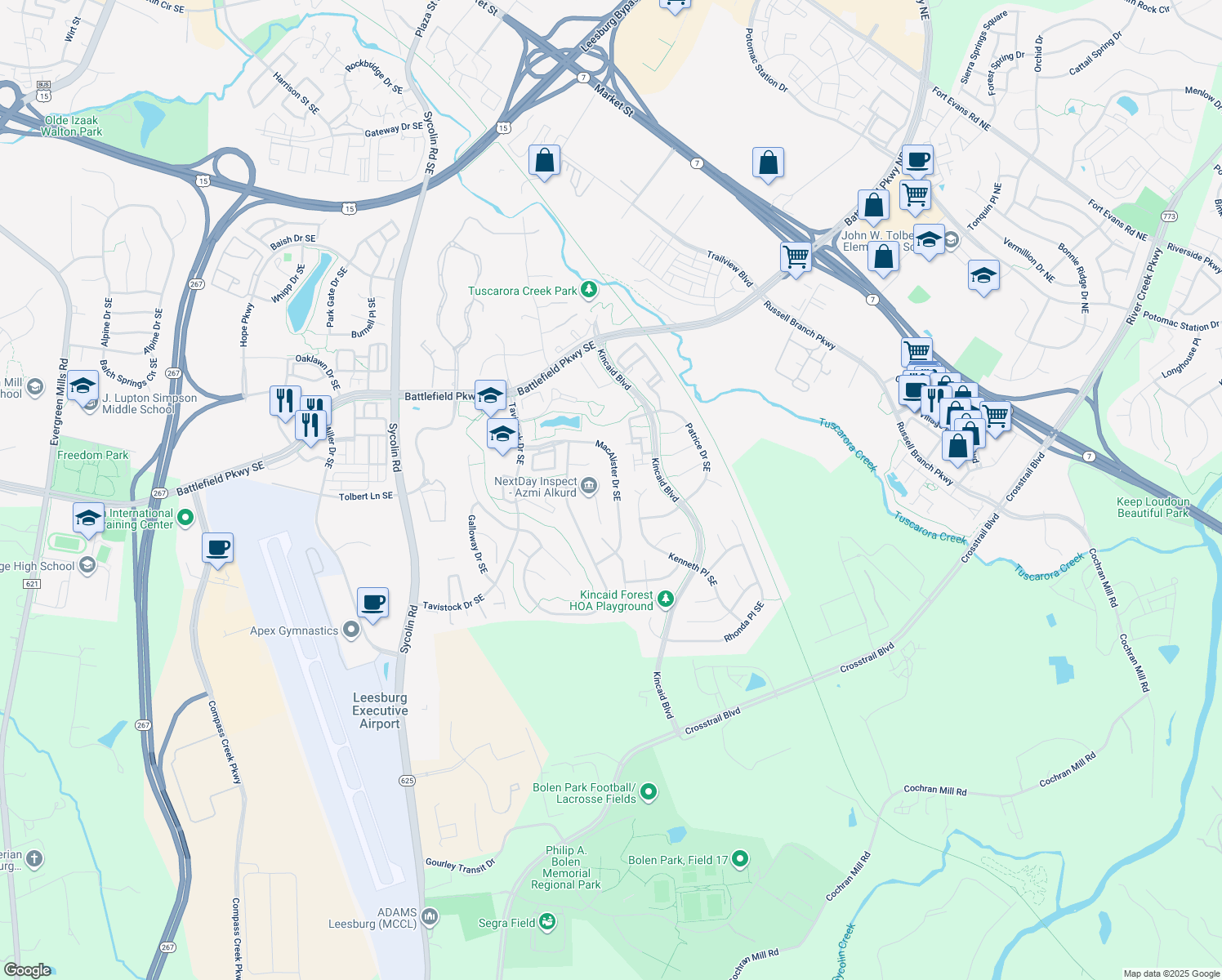 map of restaurants, bars, coffee shops, grocery stores, and more near 831 MacAlister Drive Southeast in Leesburg