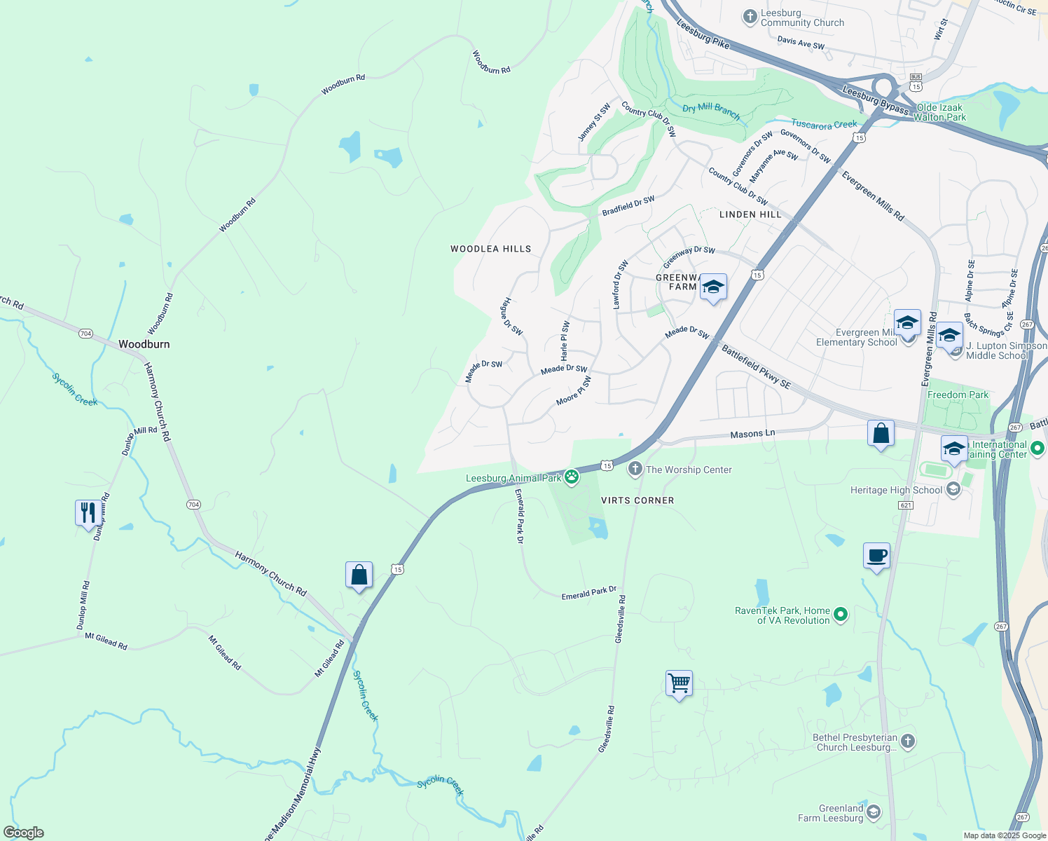 map of restaurants, bars, coffee shops, grocery stores, and more near 401 Lacey Ct SW in Leesburg