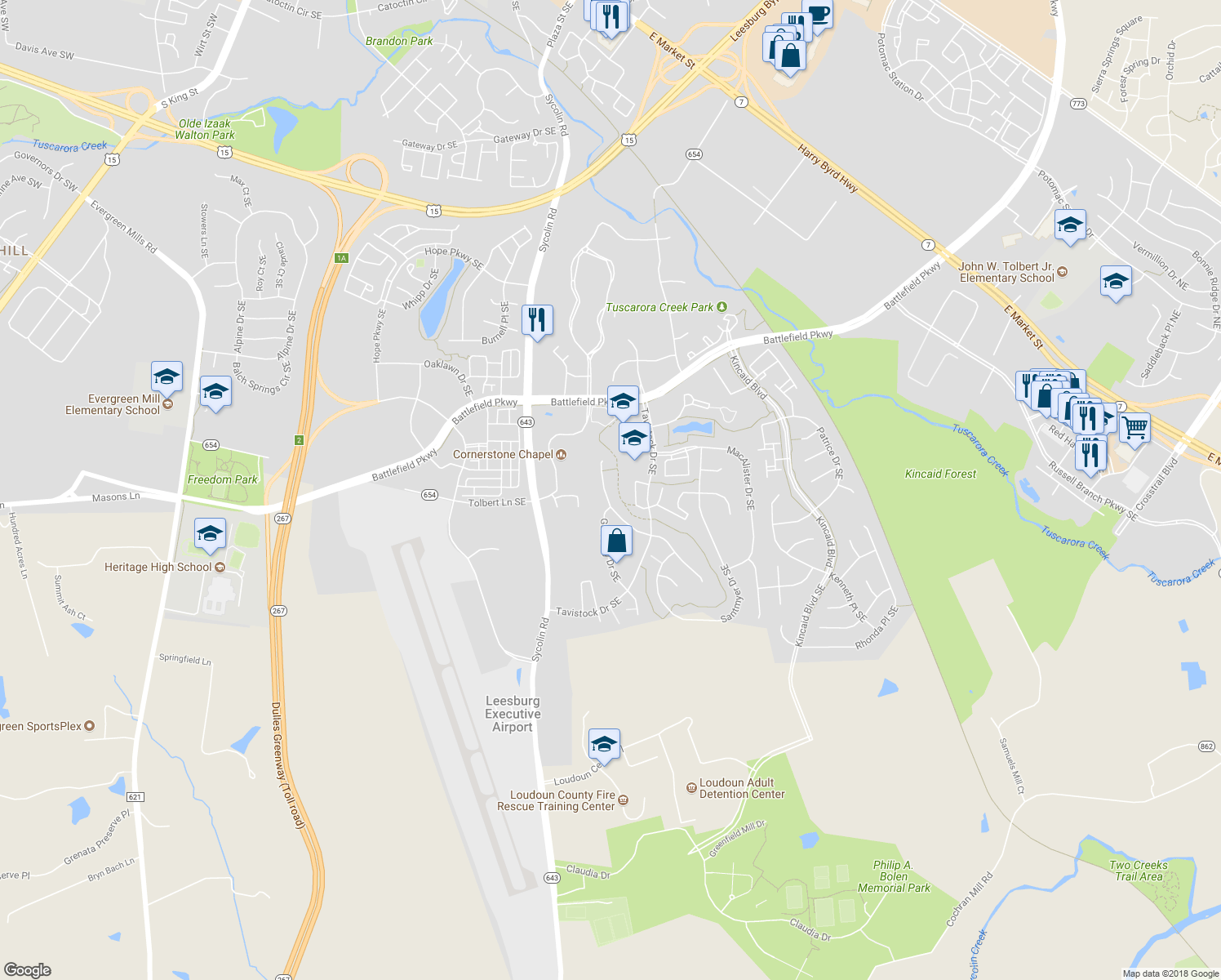 map of restaurants, bars, coffee shops, grocery stores, and more near 806 Duncan Place Southeast in Leesburg