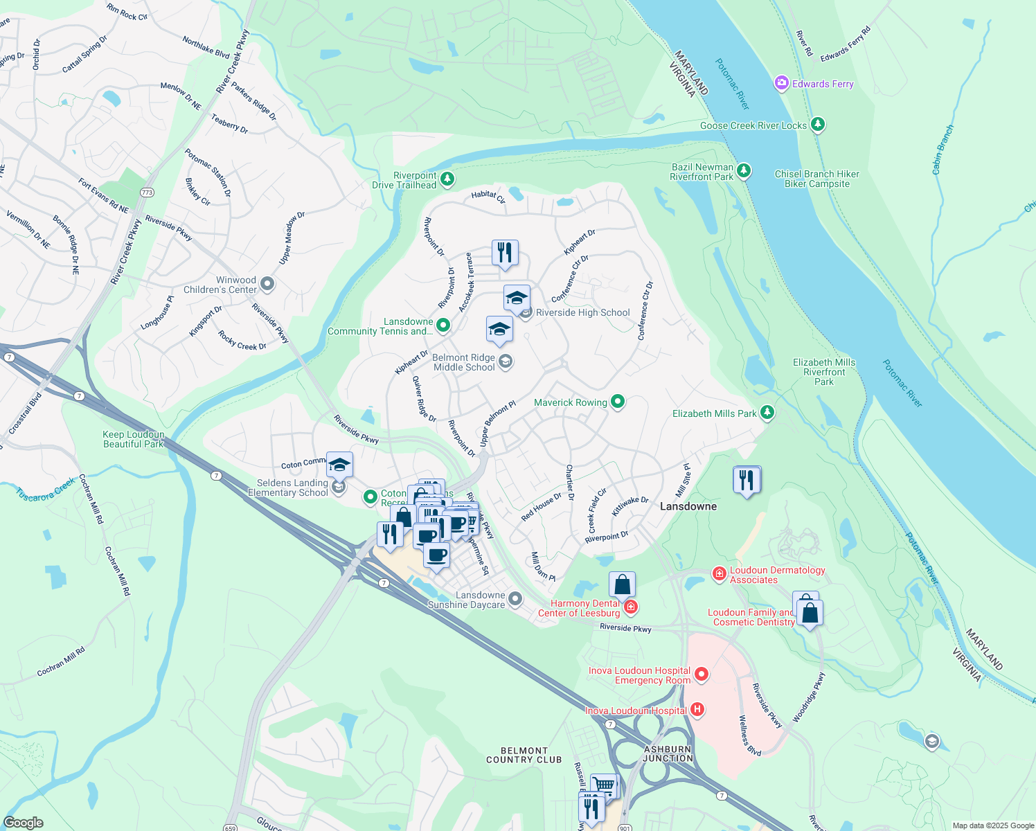 map of restaurants, bars, coffee shops, grocery stores, and more near 43656 Lees Mill Square in Leesburg