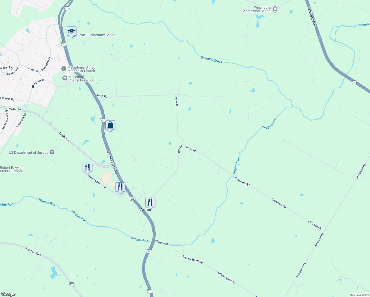 map of restaurants, bars, coffee shops, grocery stores, and more near 760 Armel Road in White Post