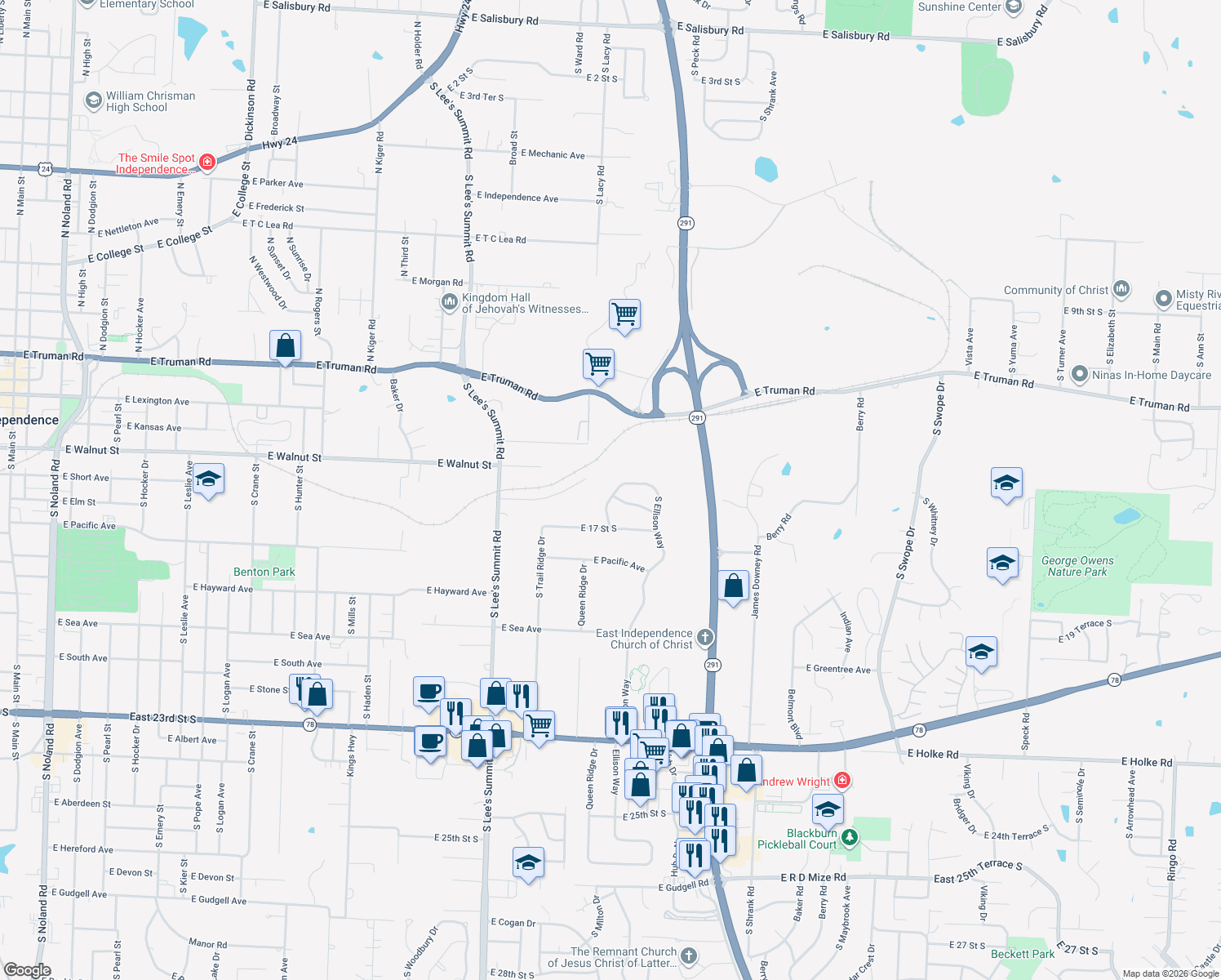 map of restaurants, bars, coffee shops, grocery stores, and more near 1508 South Queen Ridge Way in Independence
