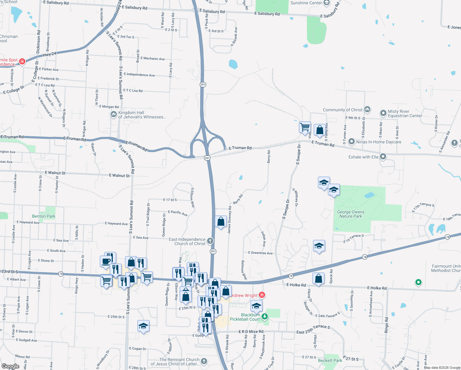 map of restaurants, bars, coffee shops, grocery stores, and more near 1701 Highland Drive in Independence