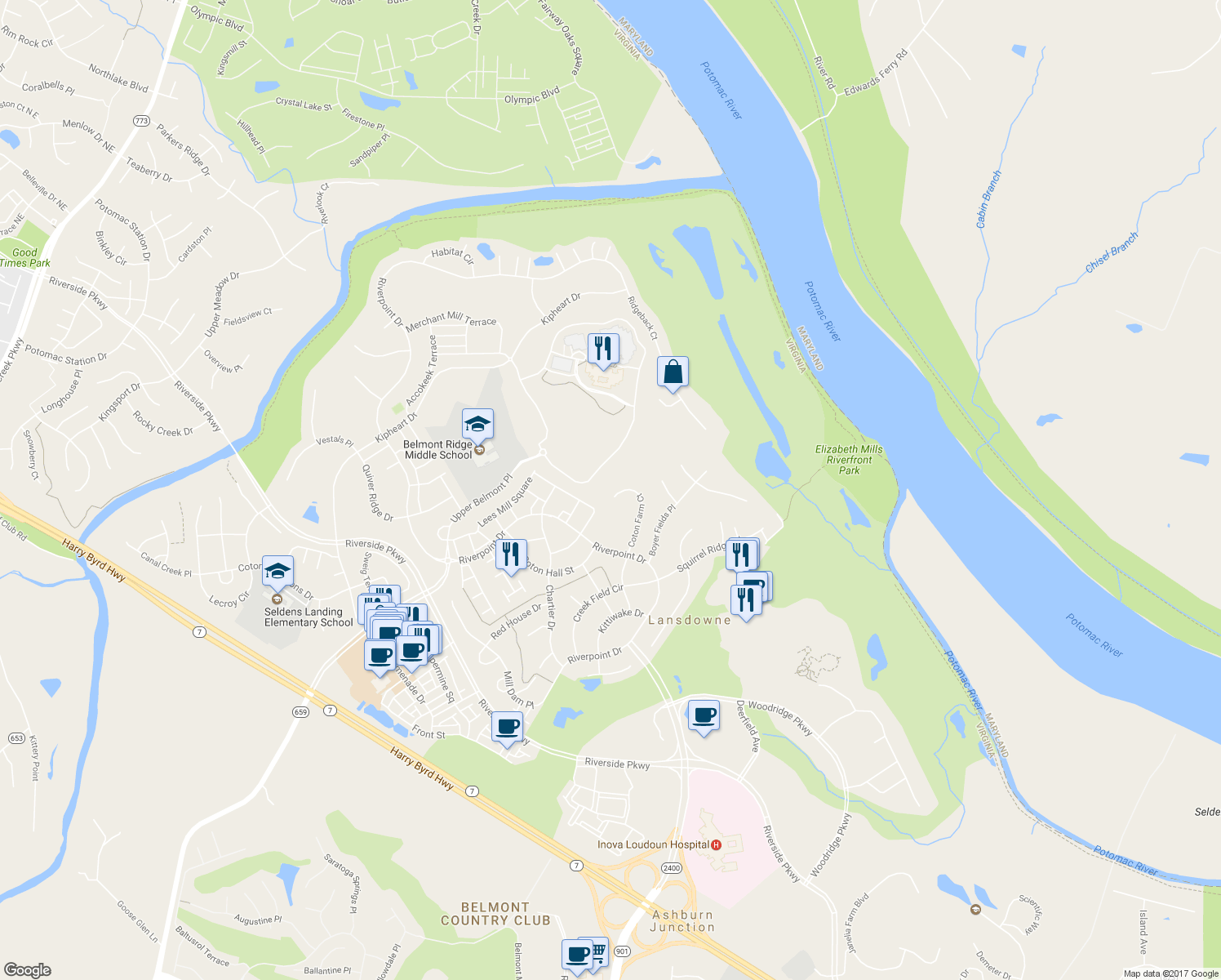 map of restaurants, bars, coffee shops, grocery stores, and more near 19022 Coton Farm Court in Leesburg