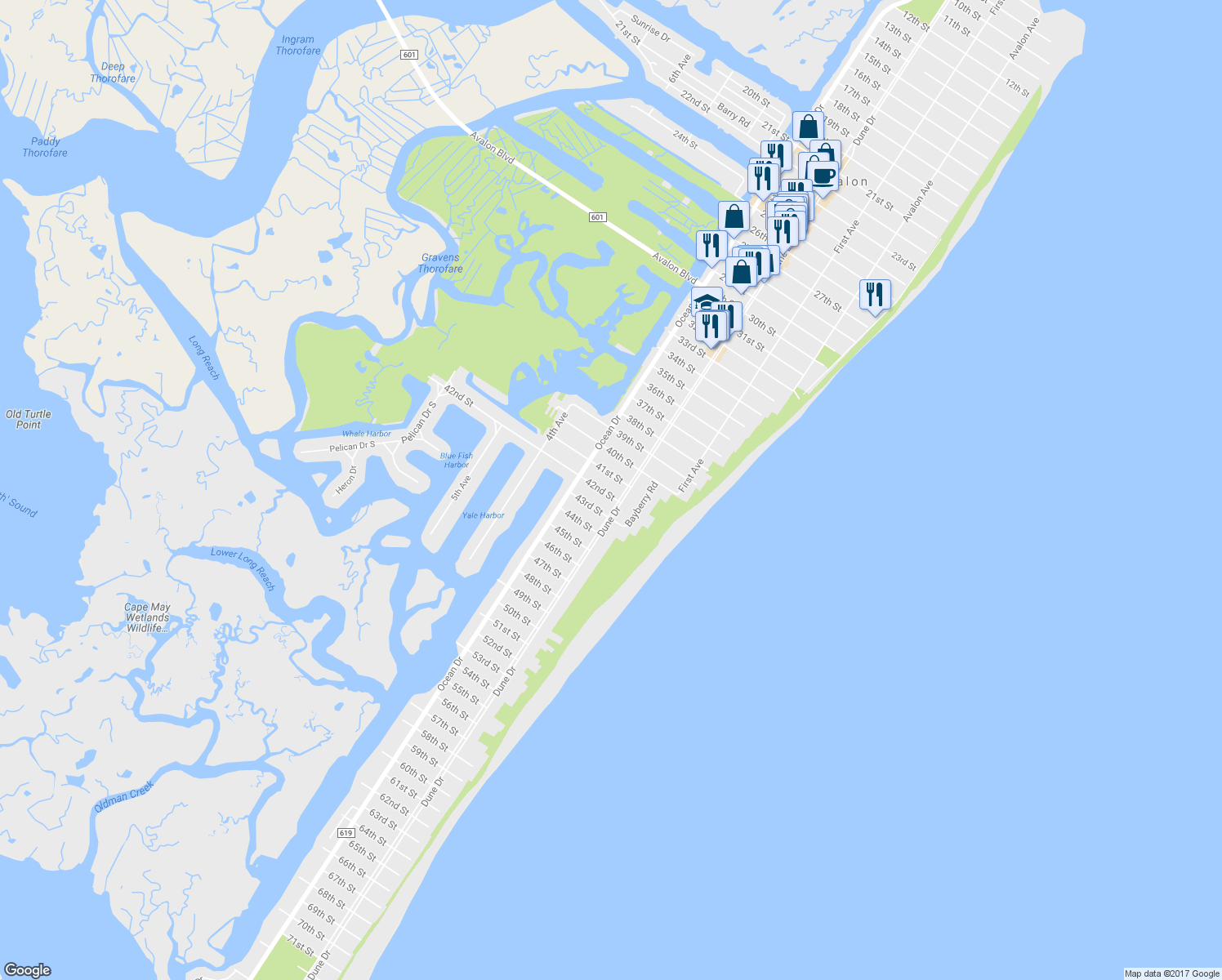 map of restaurants, bars, coffee shops, grocery stores, and more near 211 42nd Street in Avalon