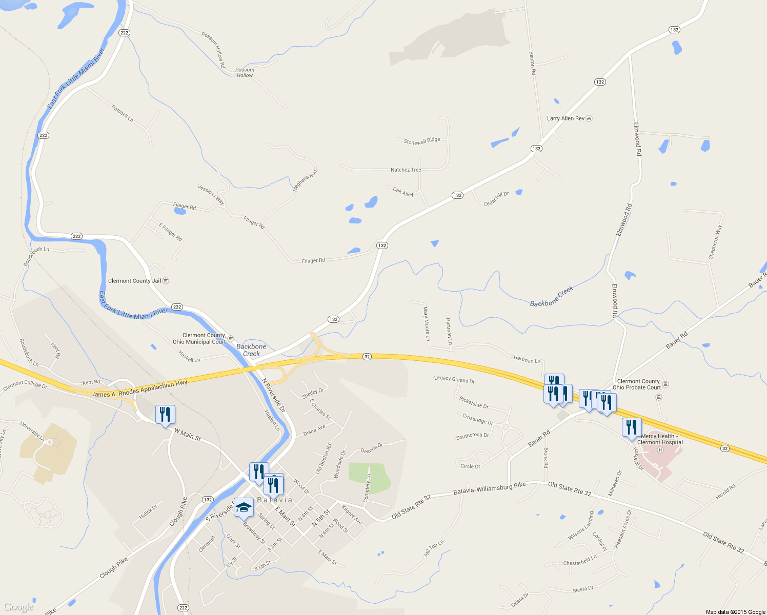 map of restaurants, bars, coffee shops, grocery stores, and more near 4555 Hartman Lane in Batavia