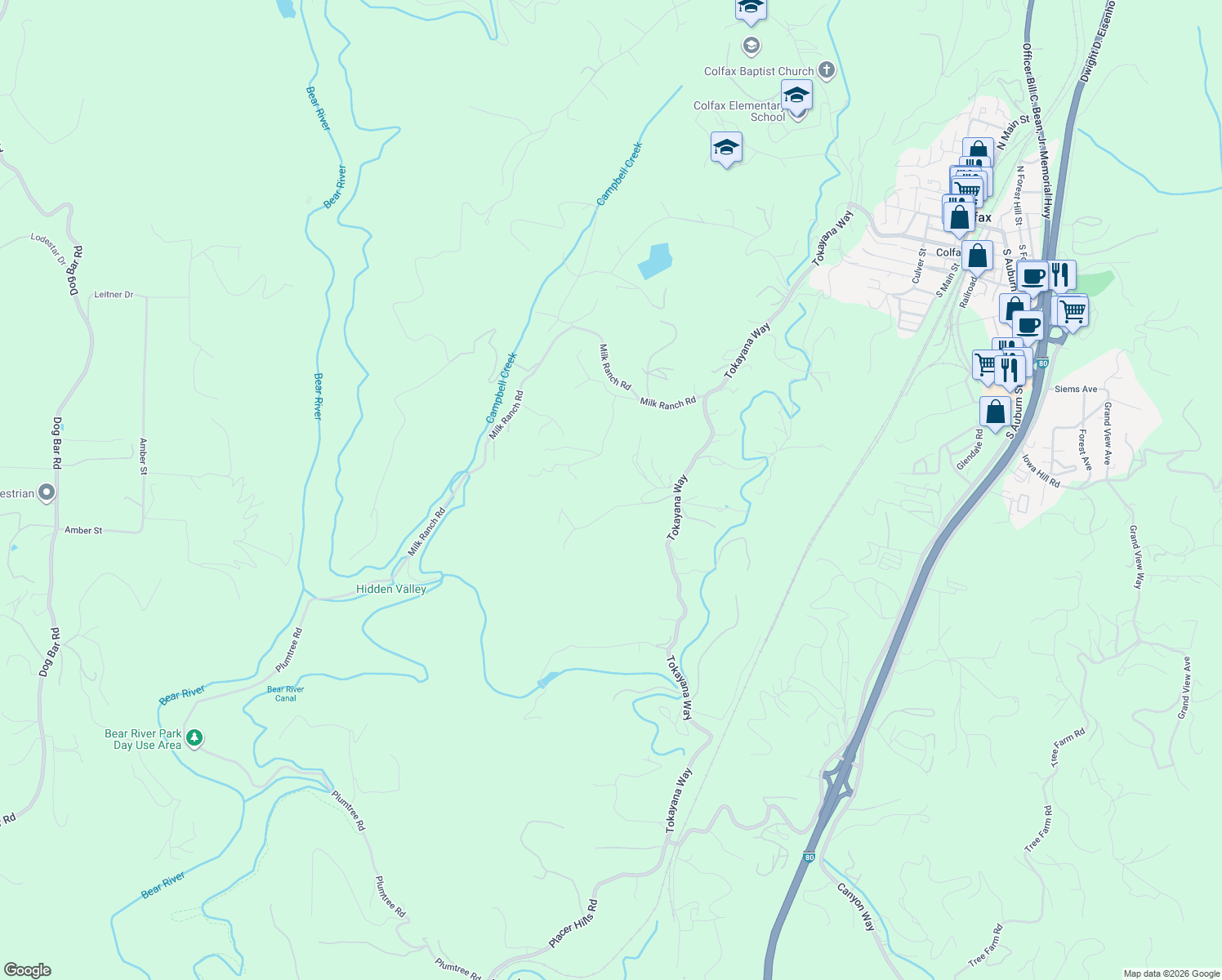 map of restaurants, bars, coffee shops, grocery stores, and more near 1206 Tokayana Ranch Lane in Colfax