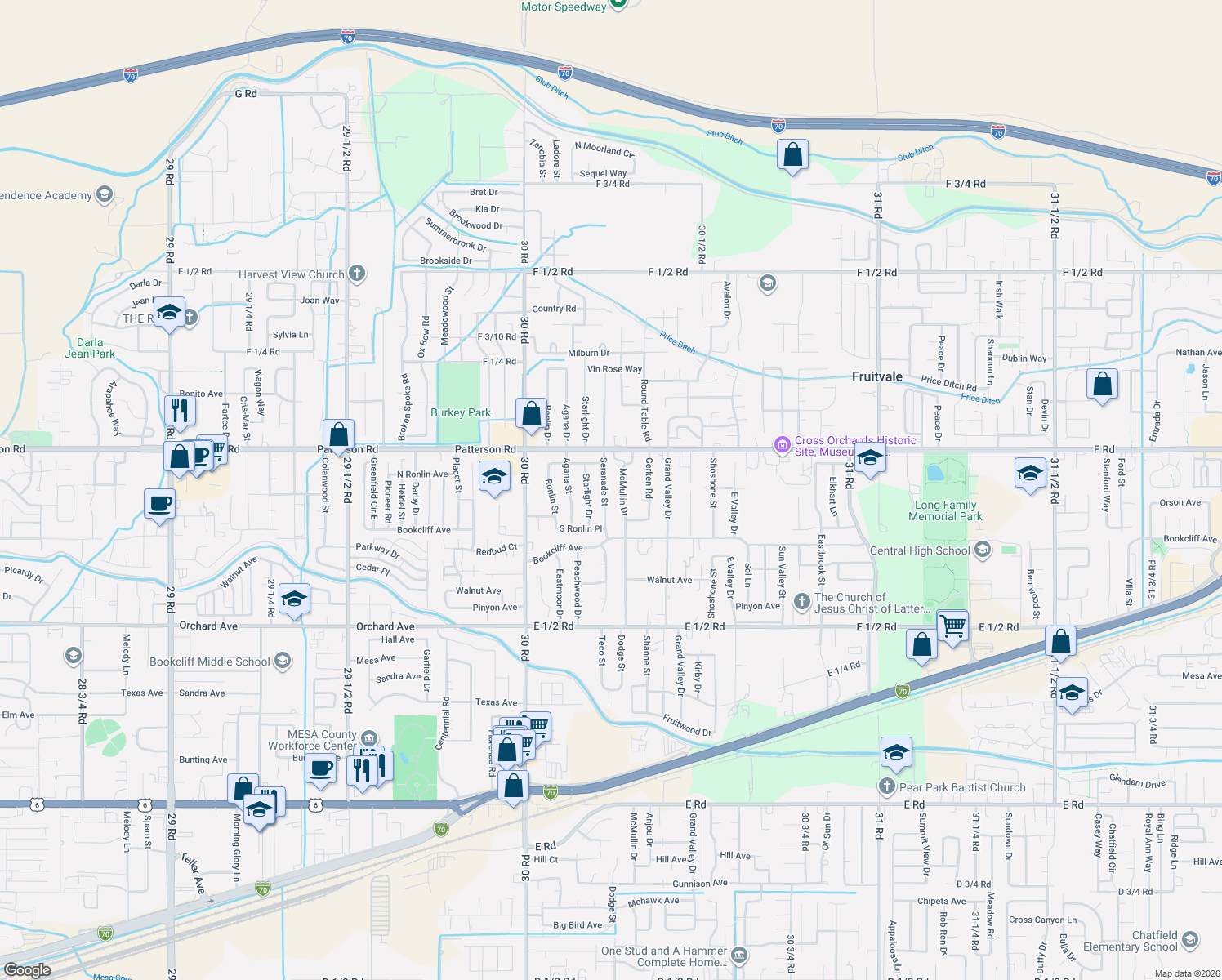 map of restaurants, bars, coffee shops, grocery stores, and more near 588 Seranade St in Grand Junction