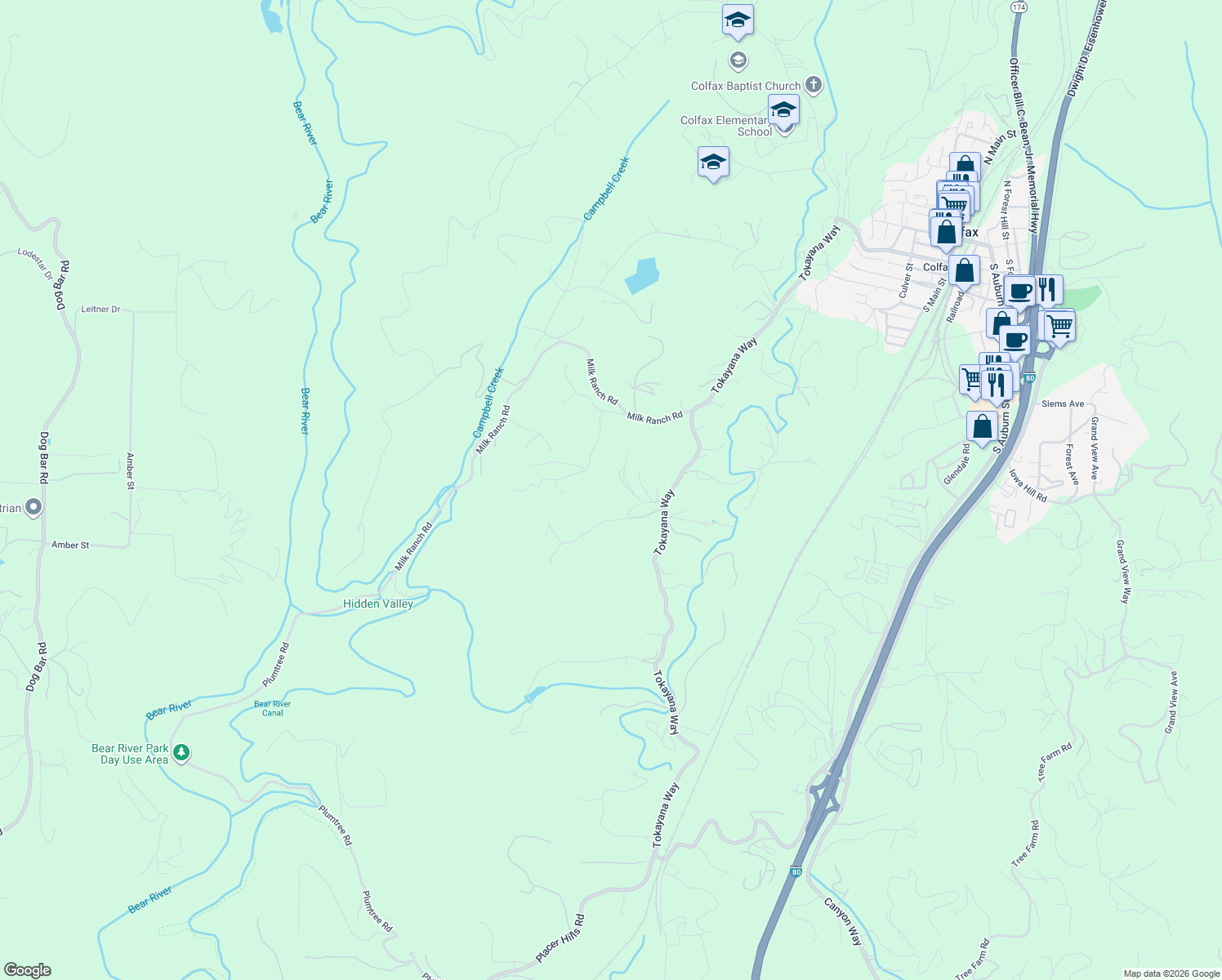 map of restaurants, bars, coffee shops, grocery stores, and more near 1206 Tokayana Ranch Lane in Colfax