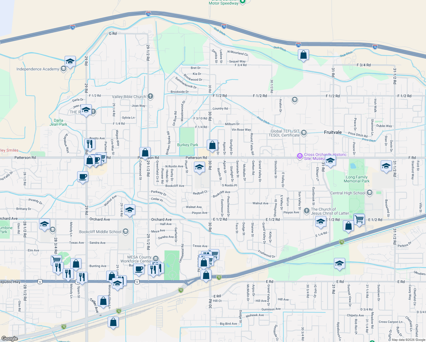 map of restaurants, bars, coffee shops, grocery stores, and more near 590 30 Road in Grand Junction