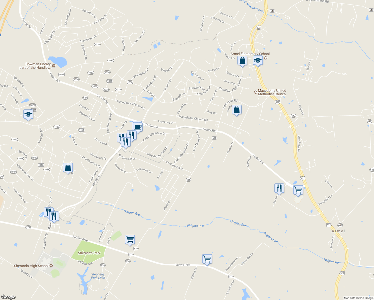 map of restaurants, bars, coffee shops, grocery stores, and more near 119 Chancellorsville Drive in Stephens City