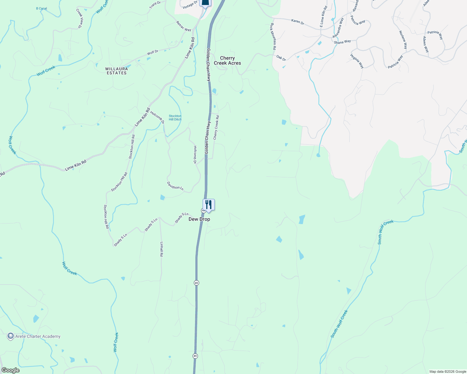 map of restaurants, bars, coffee shops, grocery stores, and more near 19235 Bumpy Road in Grass Valley