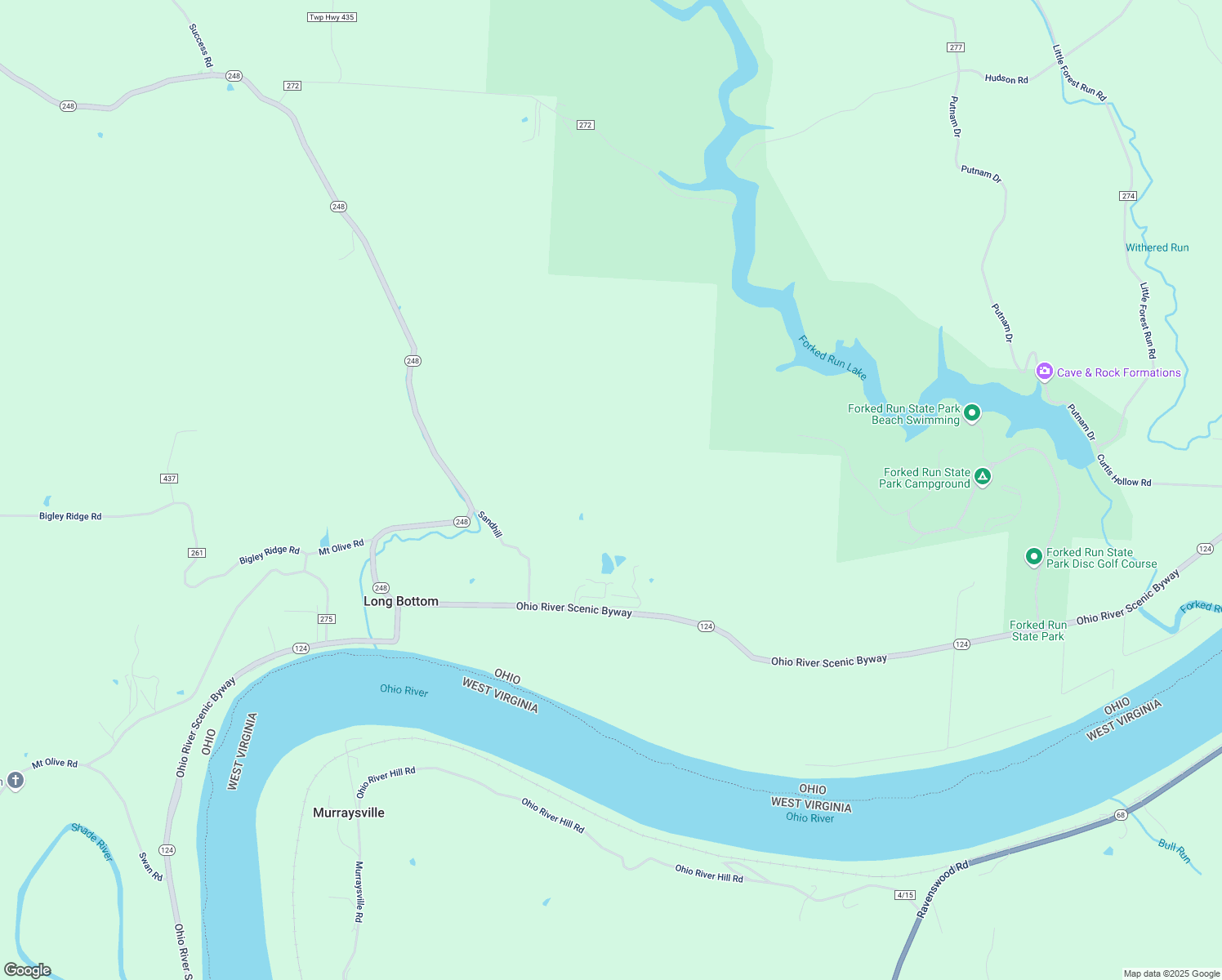 map of restaurants, bars, coffee shops, grocery stores, and more near 62076 Ohio 124 in Long Bottom