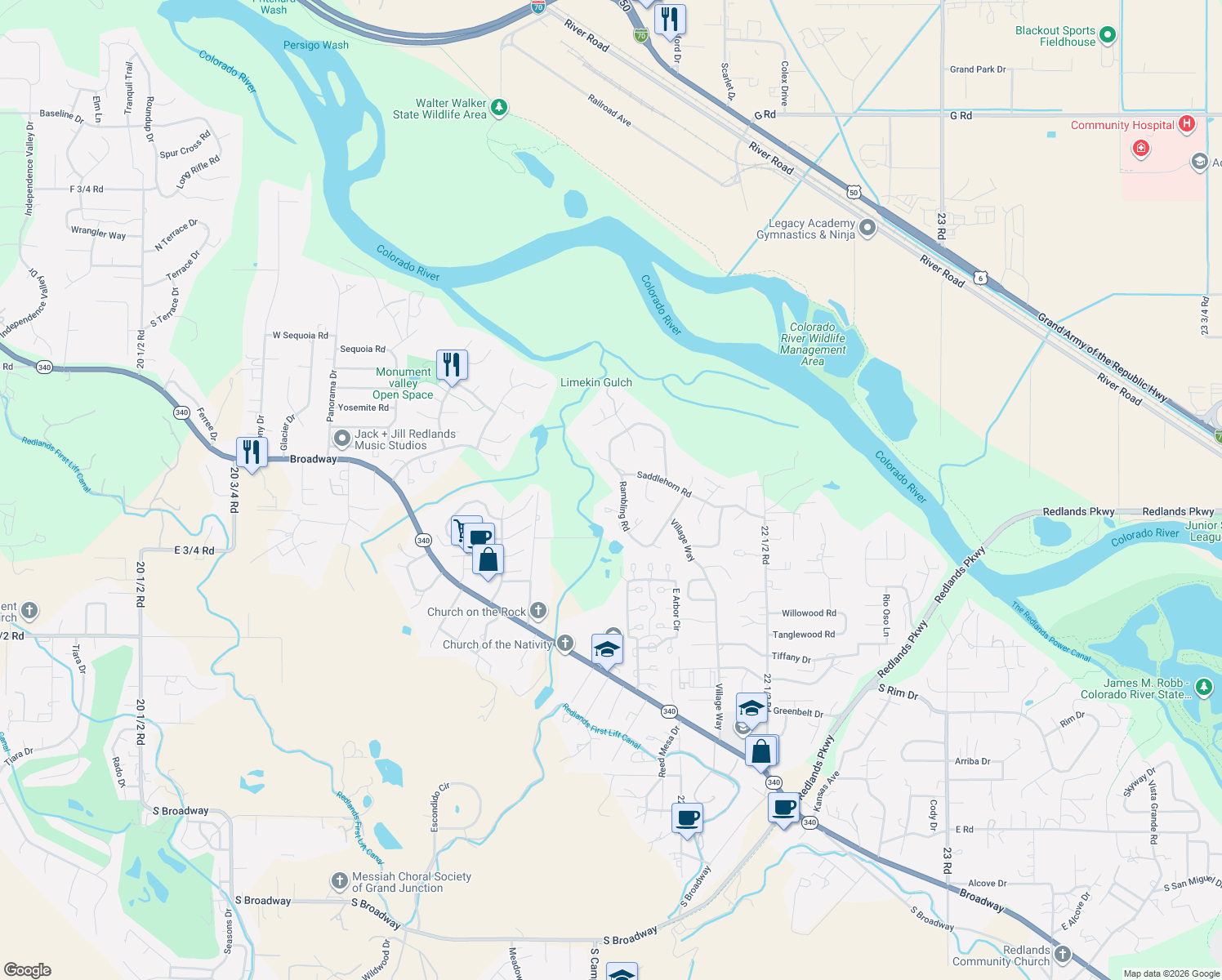 map of restaurants, bars, coffee shops, grocery stores, and more near 599 Rambling Rd in Grand Junction