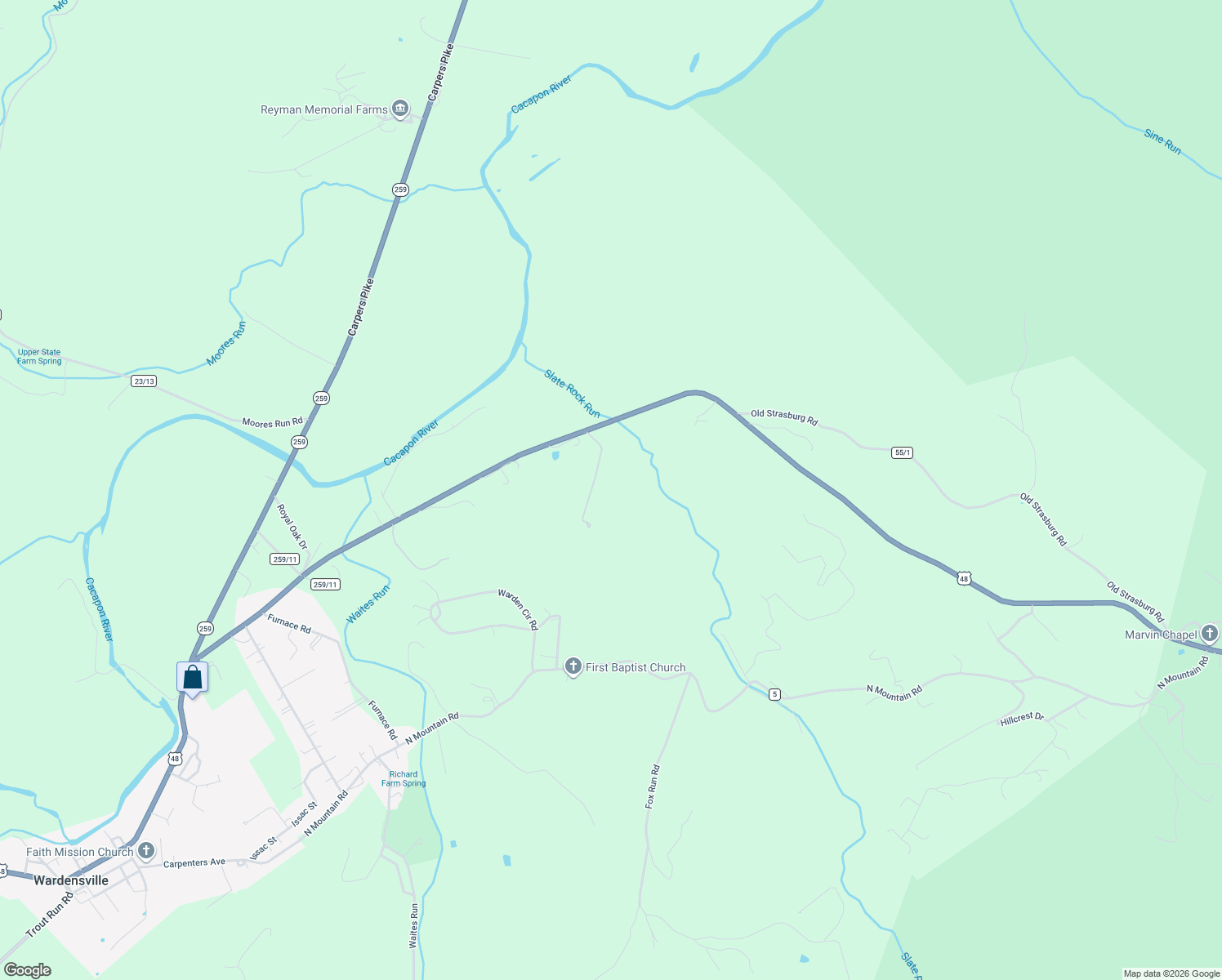 map of restaurants, bars, coffee shops, grocery stores, and more near in Wardensville