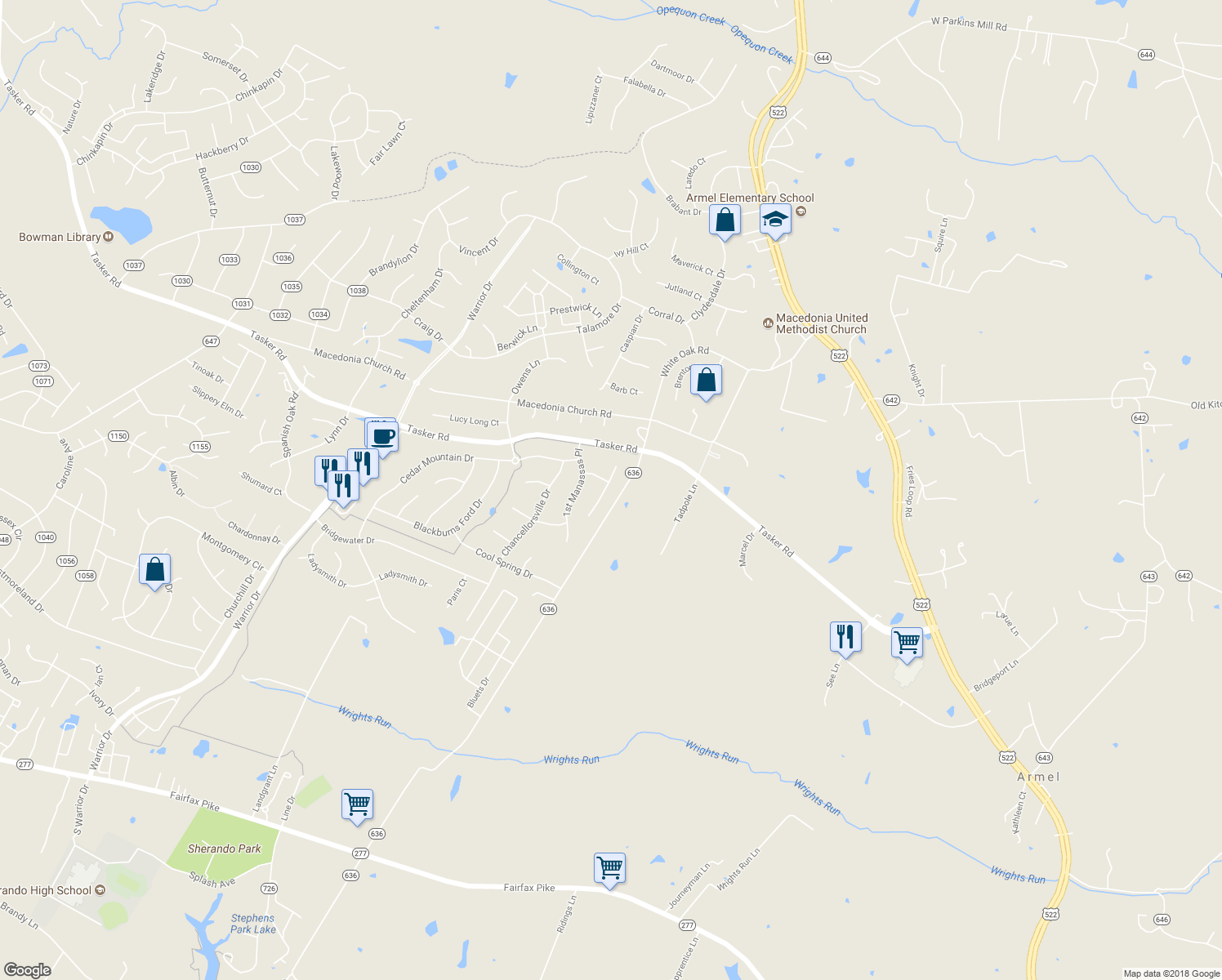 map of restaurants, bars, coffee shops, grocery stores, and more near 113 Boydton Plank Drive in Stephens City