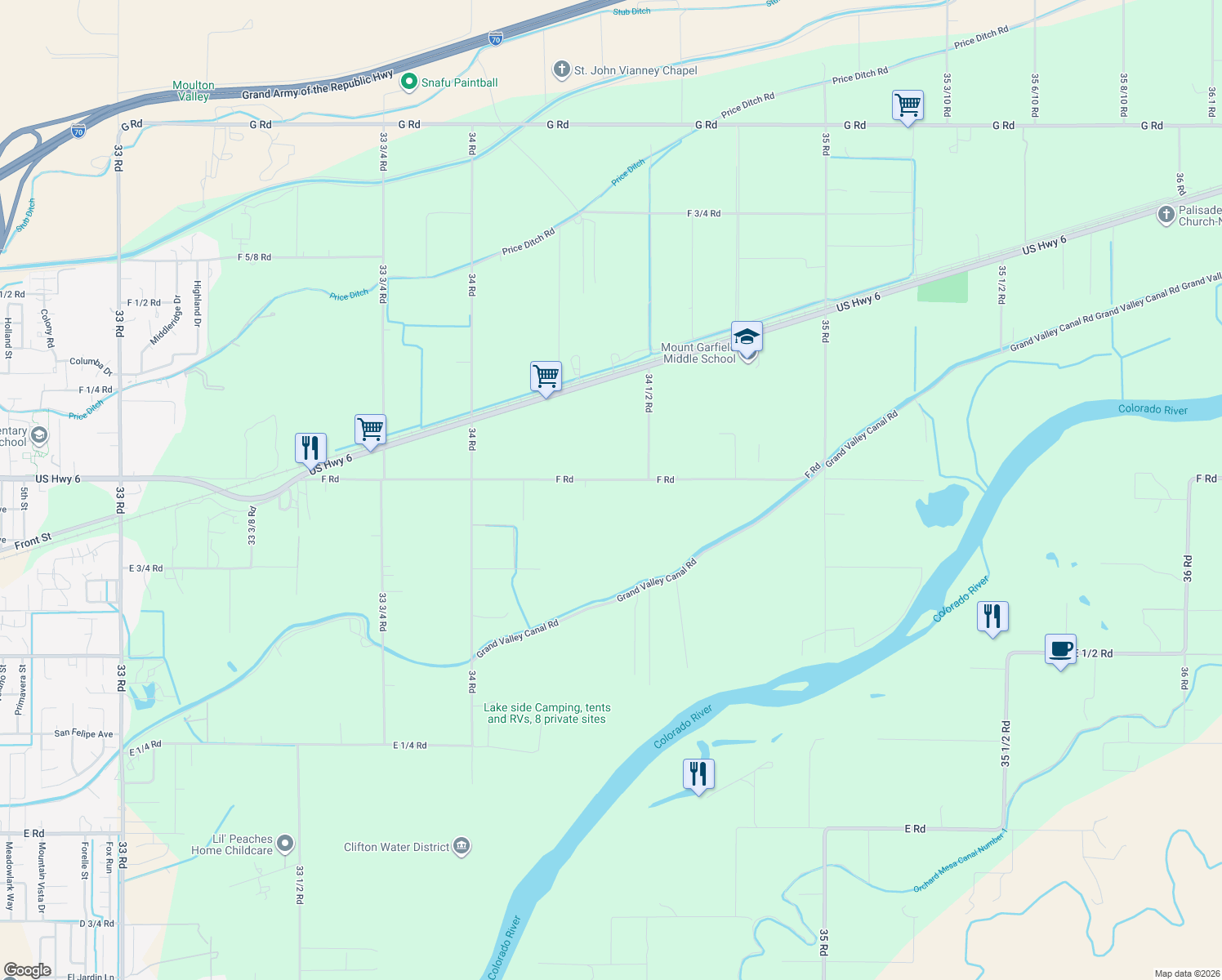map of restaurants, bars, coffee shops, grocery stores, and more near 3447 F Road in Clifton