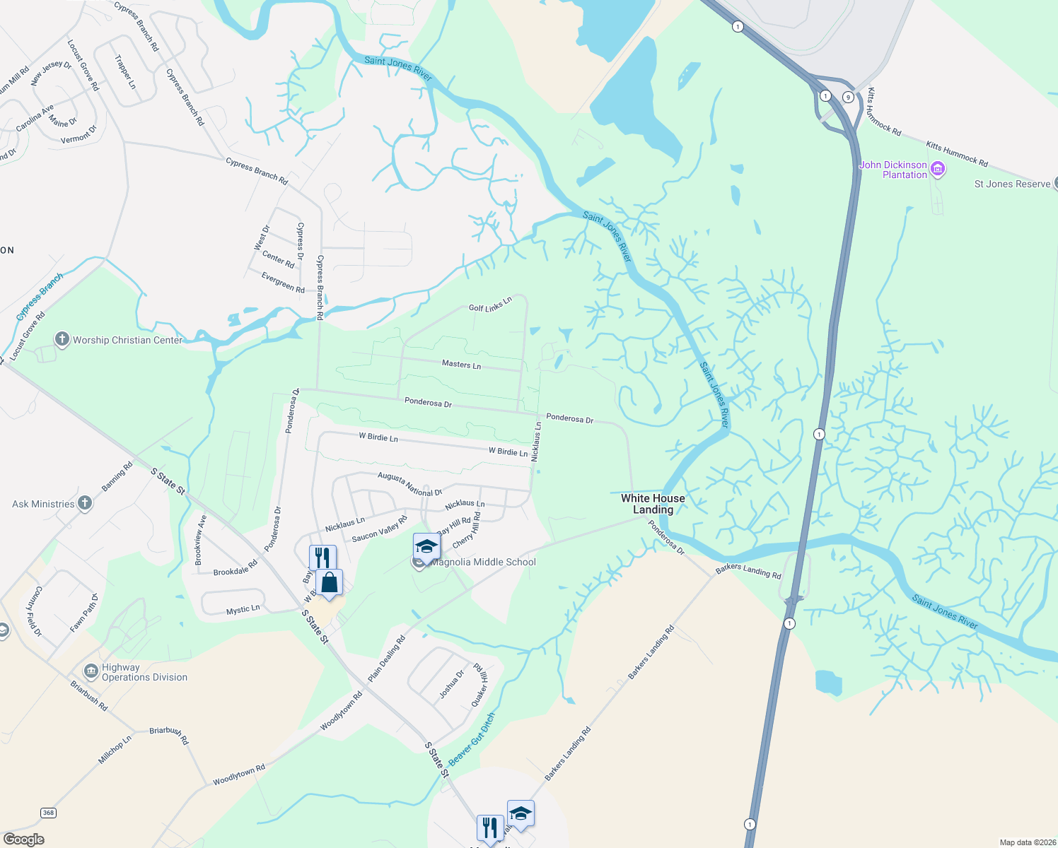 map of restaurants, bars, coffee shops, grocery stores, and more near 1328 Ponderosa Drive in Magnolia