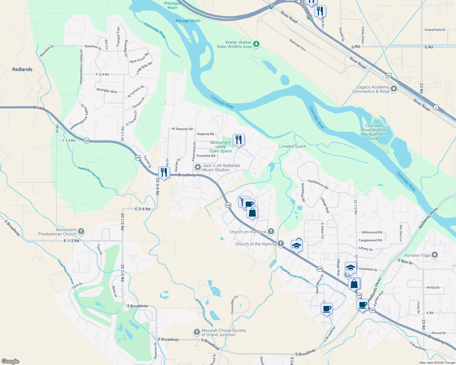 map of restaurants, bars, coffee shops, grocery stores, and more near 595 Catskill Court in Grand Junction
