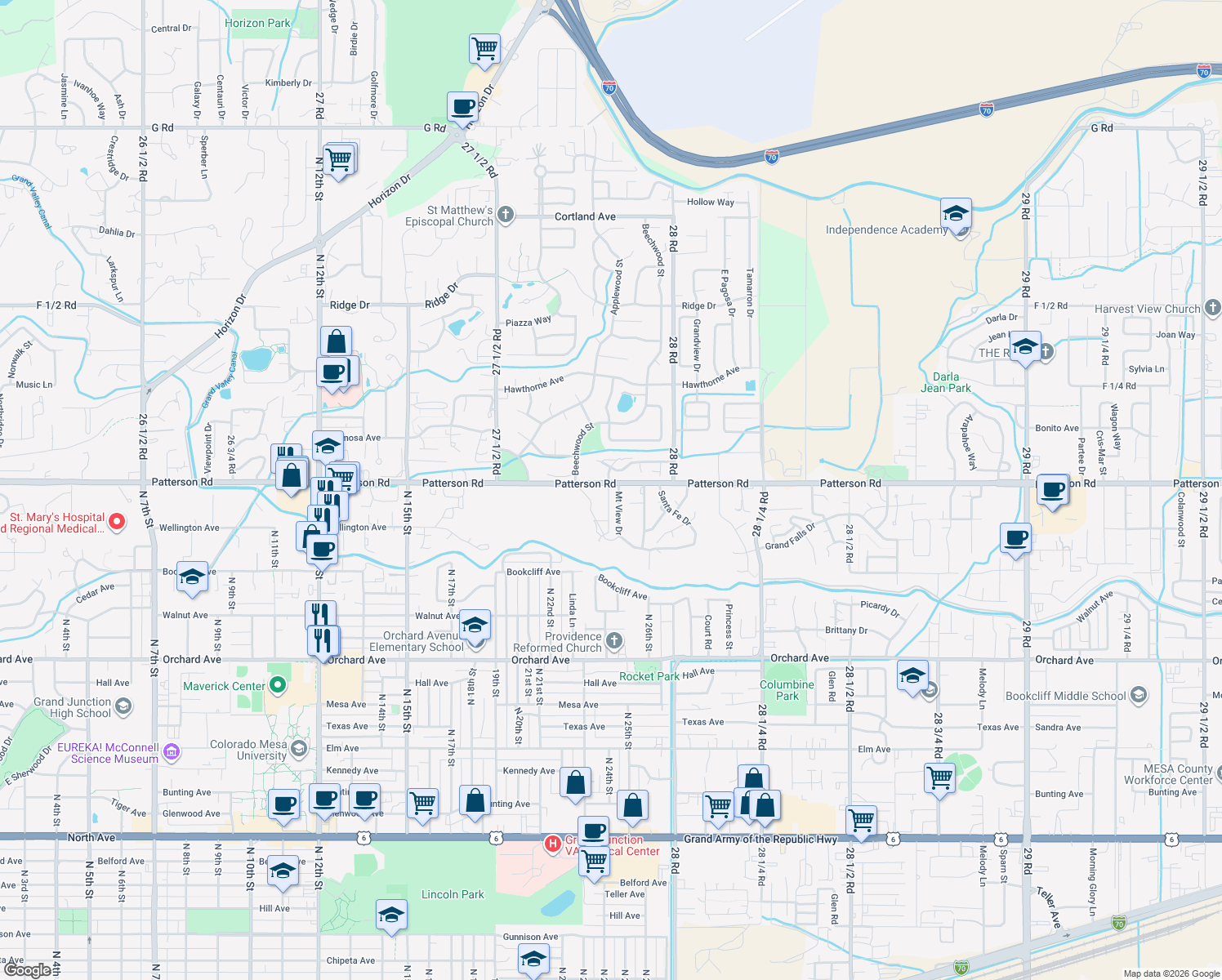 map of restaurants, bars, coffee shops, grocery stores, and more near 2660 El Corona Drive in Grand Junction