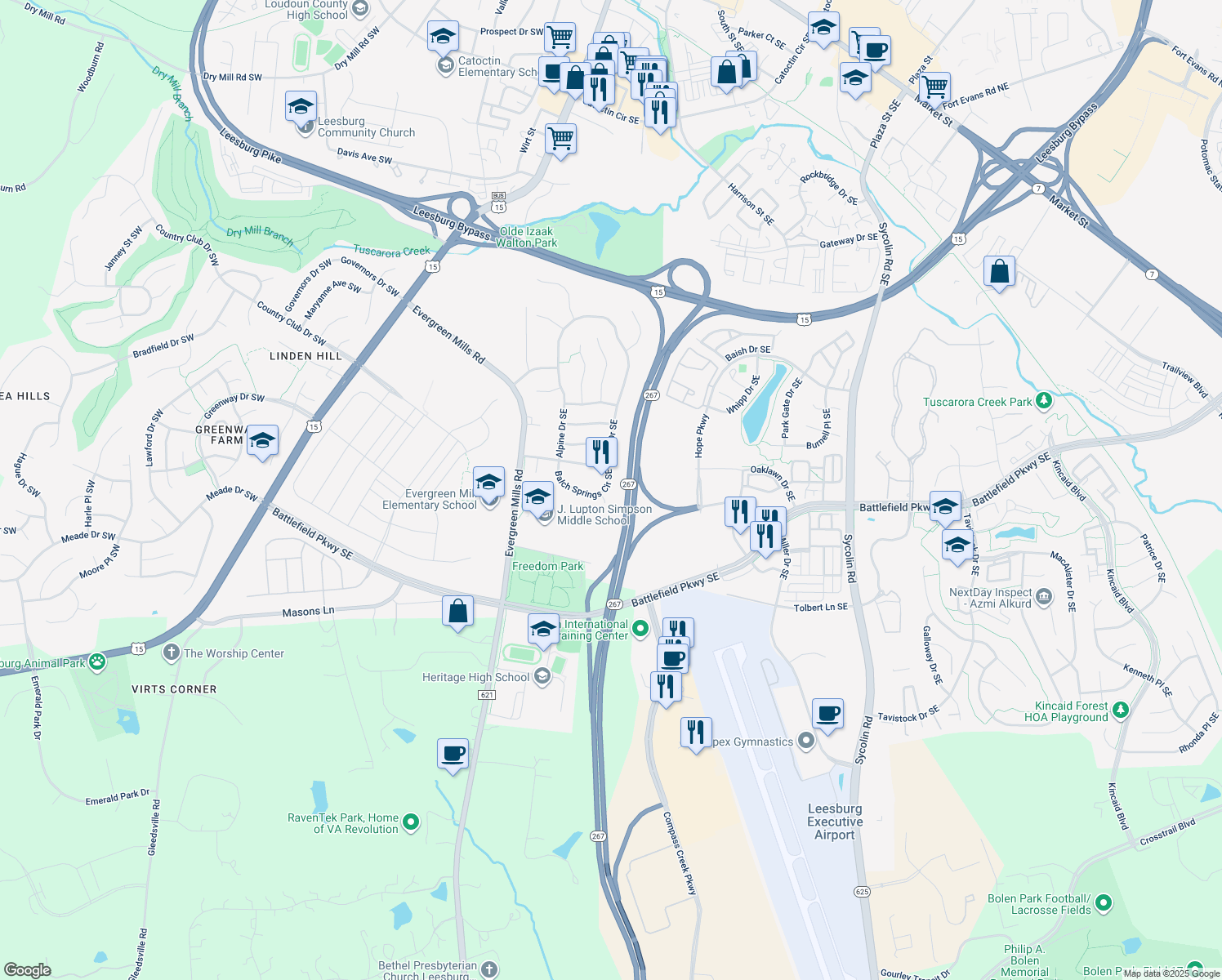 map of restaurants, bars, coffee shops, grocery stores, and more near 137 Balch Springs Circle Southeast in Leesburg
