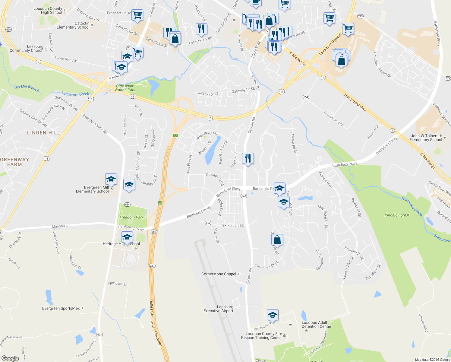 map of restaurants, bars, coffee shops, grocery stores, and more near 209 Great Laurel Square Southeast in Leesburg