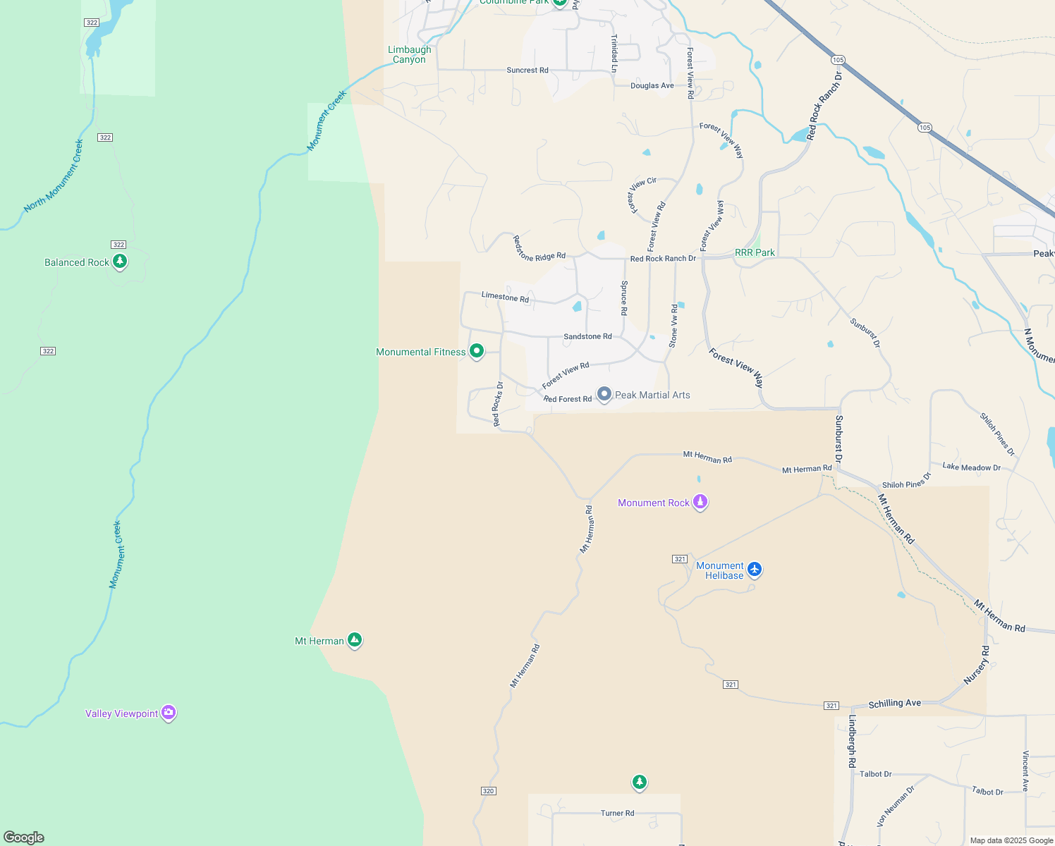 map of restaurants, bars, coffee shops, grocery stores, and more near 17955 Red Rocks Drive in Monument