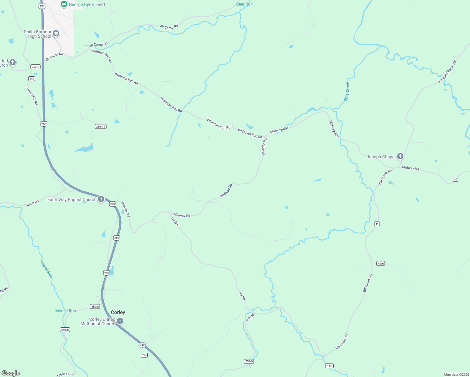 map of restaurants, bars, coffee shops, grocery stores, and more near 1277 Midway Road in Belington