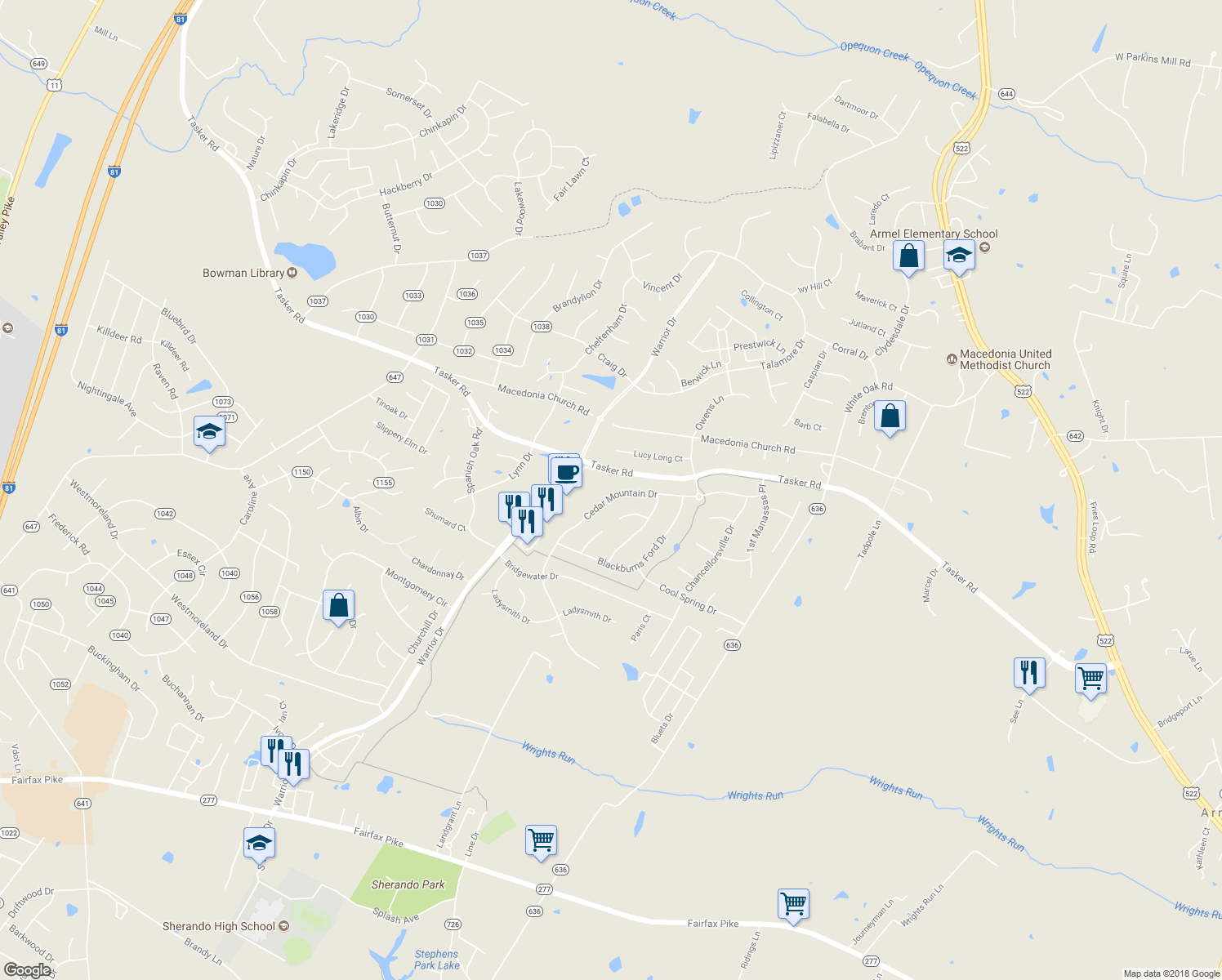 map of restaurants, bars, coffee shops, grocery stores, and more near 124 Cedar Mountain Drive in Stephens City