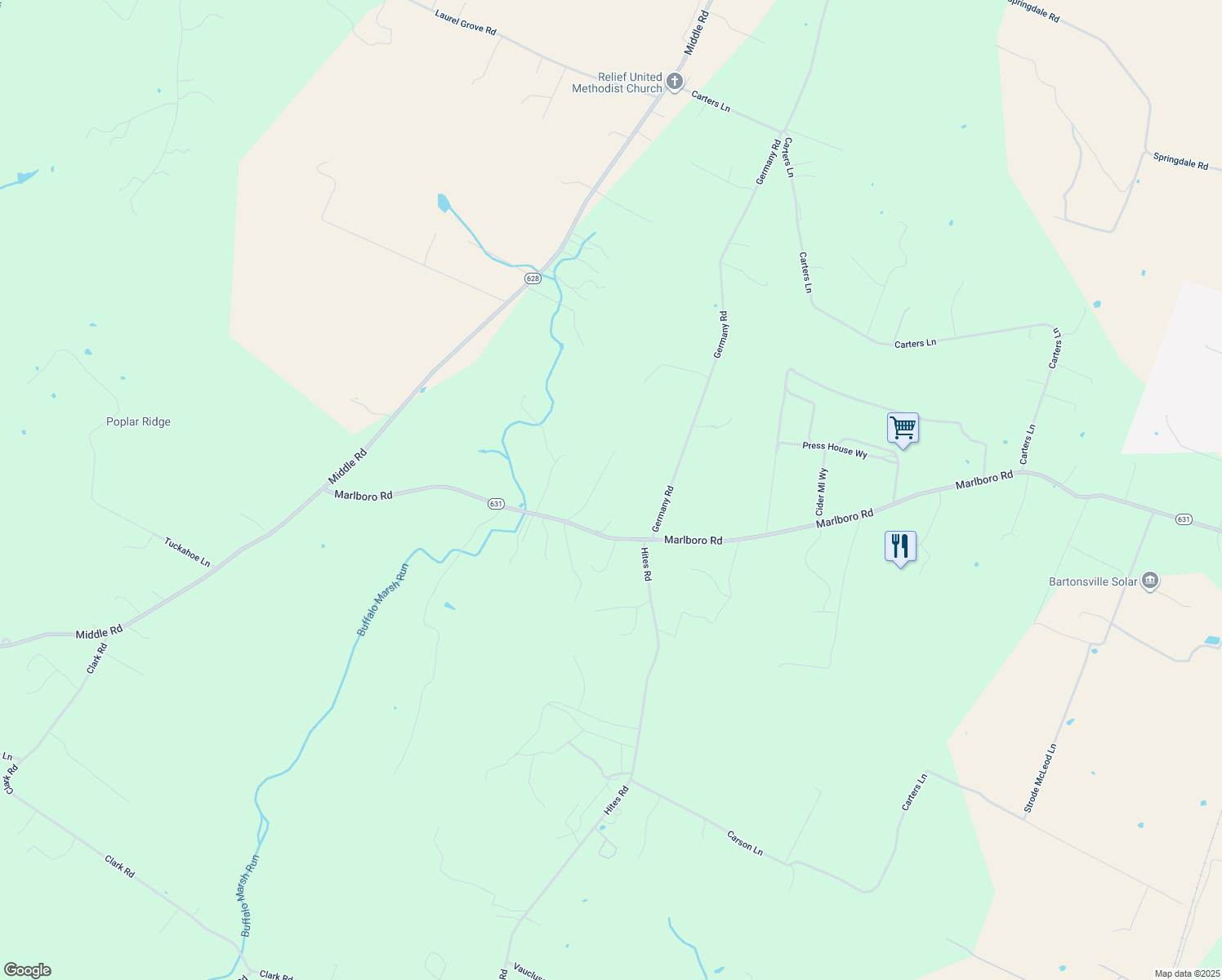 map of restaurants, bars, coffee shops, grocery stores, and more near 174 Oak Hill Drive in Stephens City