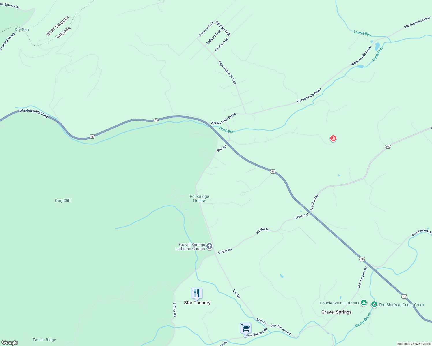 map of restaurants, bars, coffee shops, grocery stores, and more near 287 Brill Road in Star Tannery
