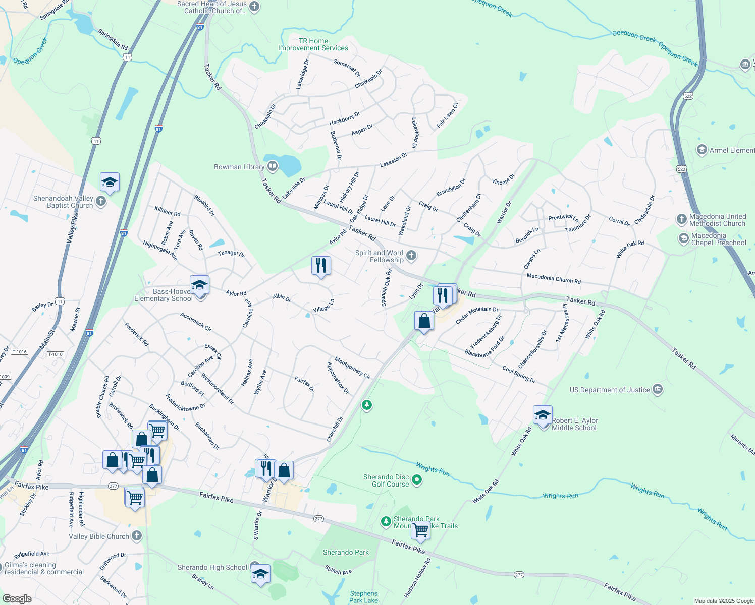 map of restaurants, bars, coffee shops, grocery stores, and more near 103 Sarvis Court in Stephens City