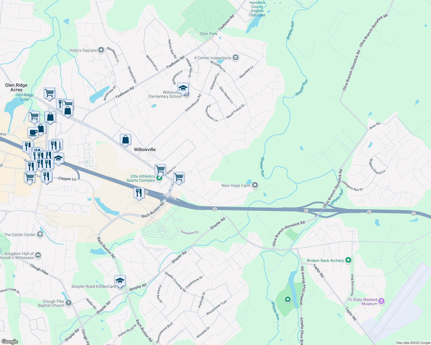 map of restaurants, bars, coffee shops, grocery stores, and more near 4416 Gene Ln in Batavia