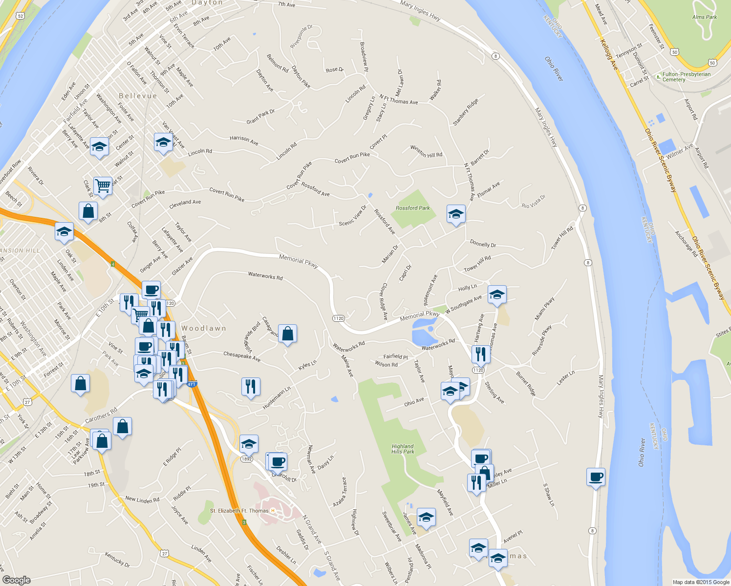 map of restaurants, bars, coffee shops, grocery stores, and more near 29 Winding Way in Fort Thomas