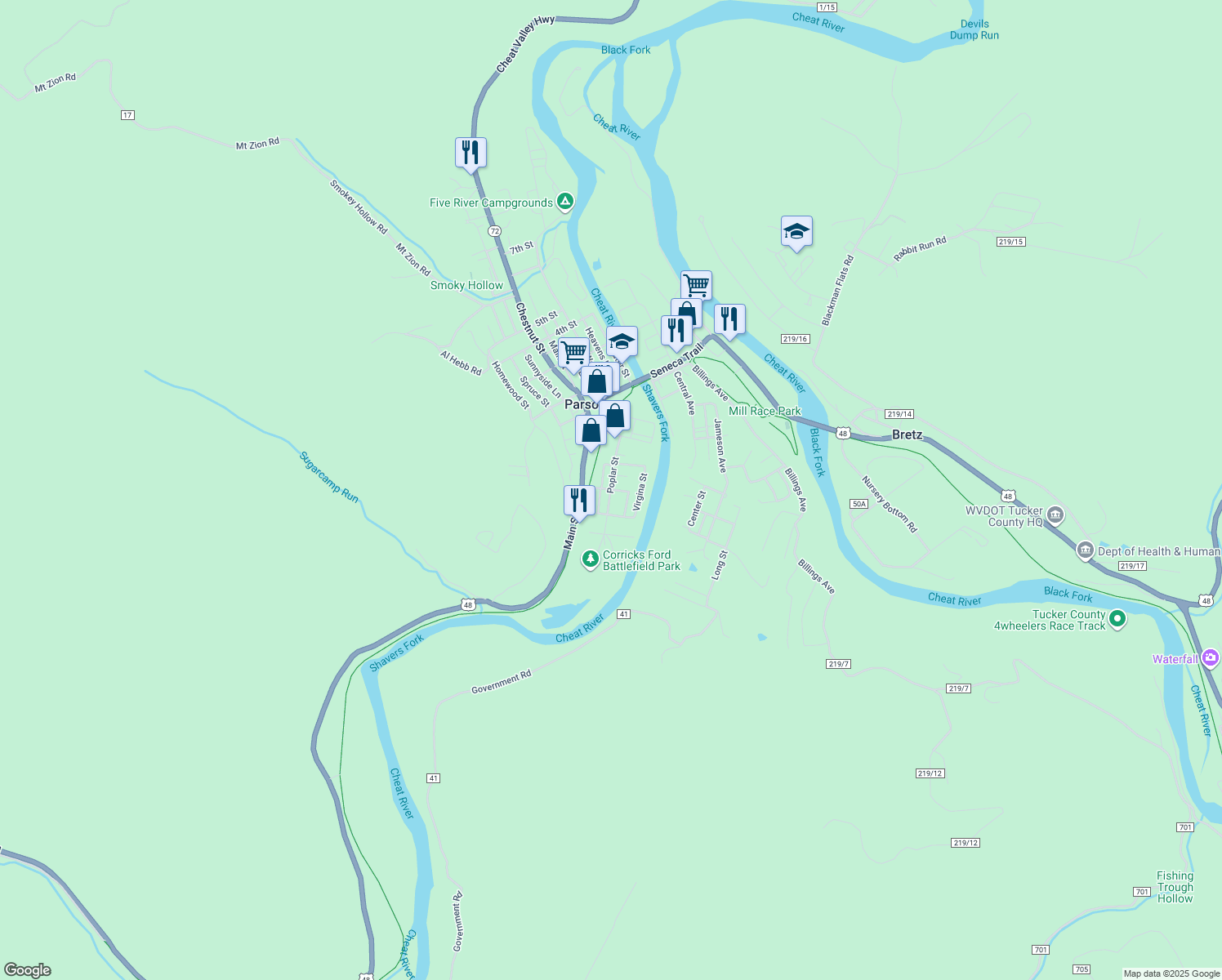 map of restaurants, bars, coffee shops, grocery stores, and more near 112 Kohler St in Parsons