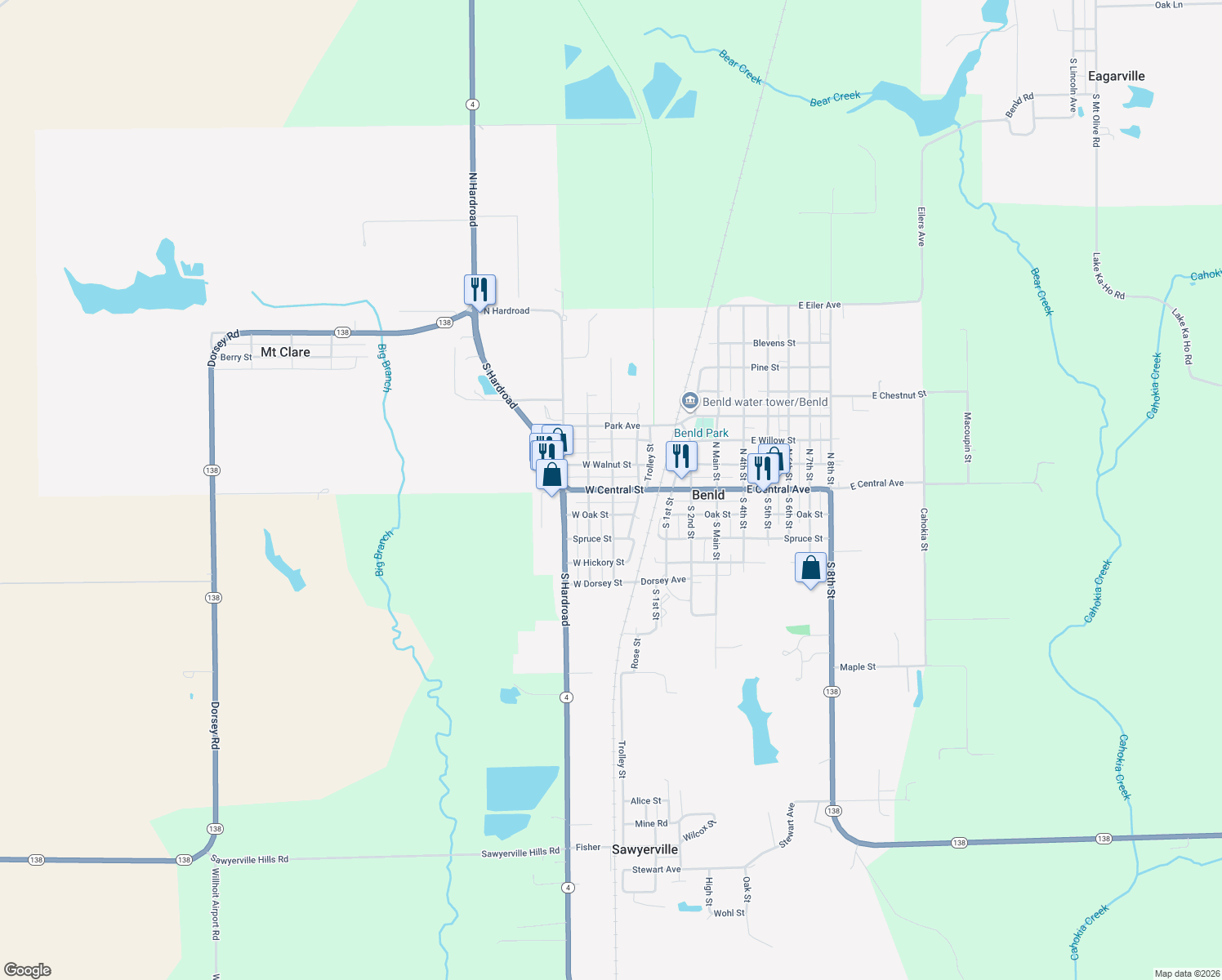 map of restaurants, bars, coffee shops, grocery stores, and more near 303 West Central Street in Benld