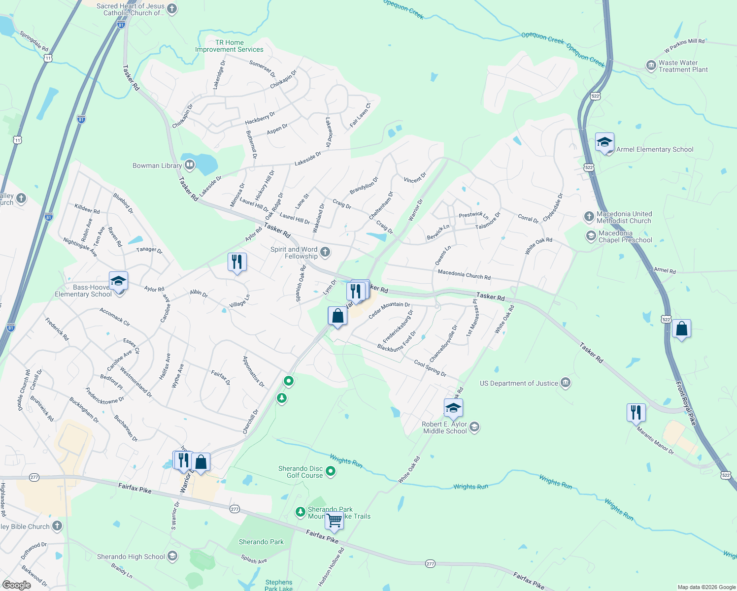 map of restaurants, bars, coffee shops, grocery stores, and more near 660 Warrior Dr in Stephens City