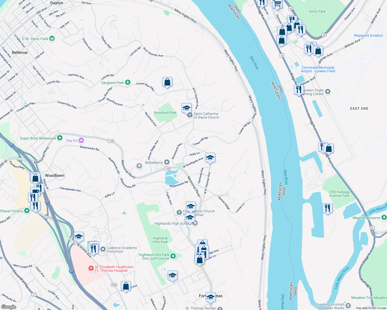 map of restaurants, bars, coffee shops, grocery stores, and more near 25 Holly Ln in Fort Thomas