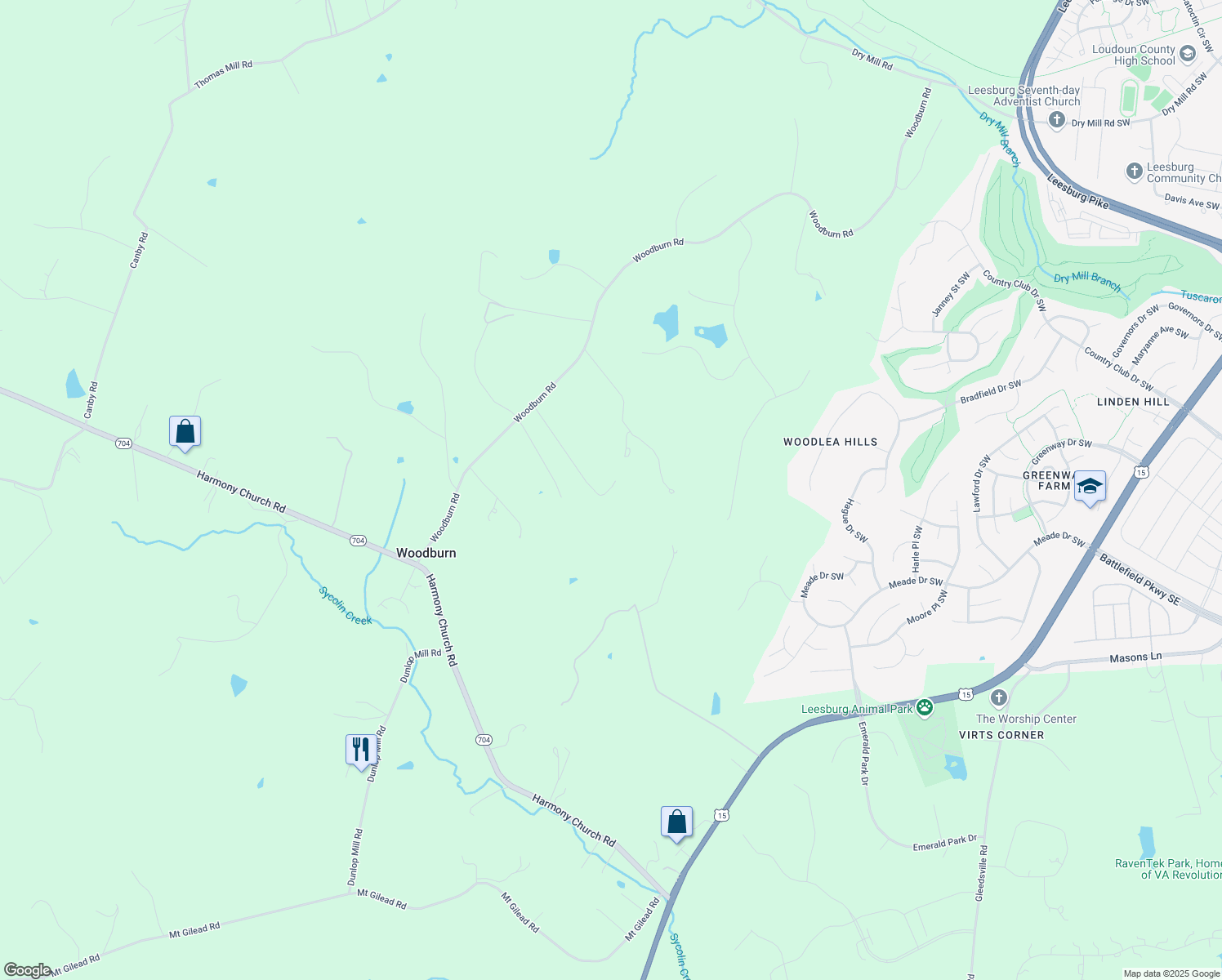 map of restaurants, bars, coffee shops, grocery stores, and more near 18806 Woodburn Road in Leesburg
