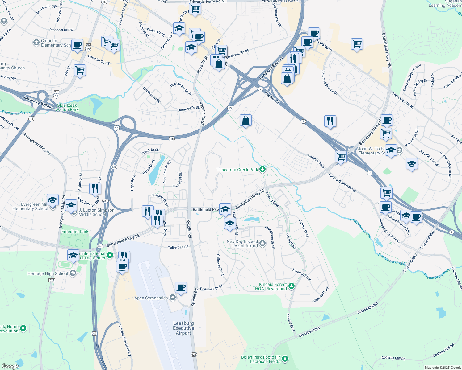 map of restaurants, bars, coffee shops, grocery stores, and more near 314 Shiloh Place Southeast in Leesburg