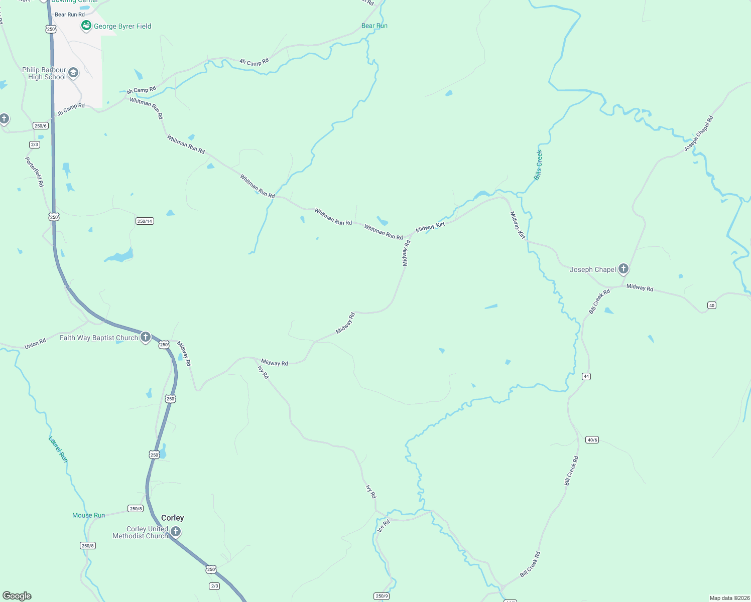 map of restaurants, bars, coffee shops, grocery stores, and more near 1277 Midway Road in Belington