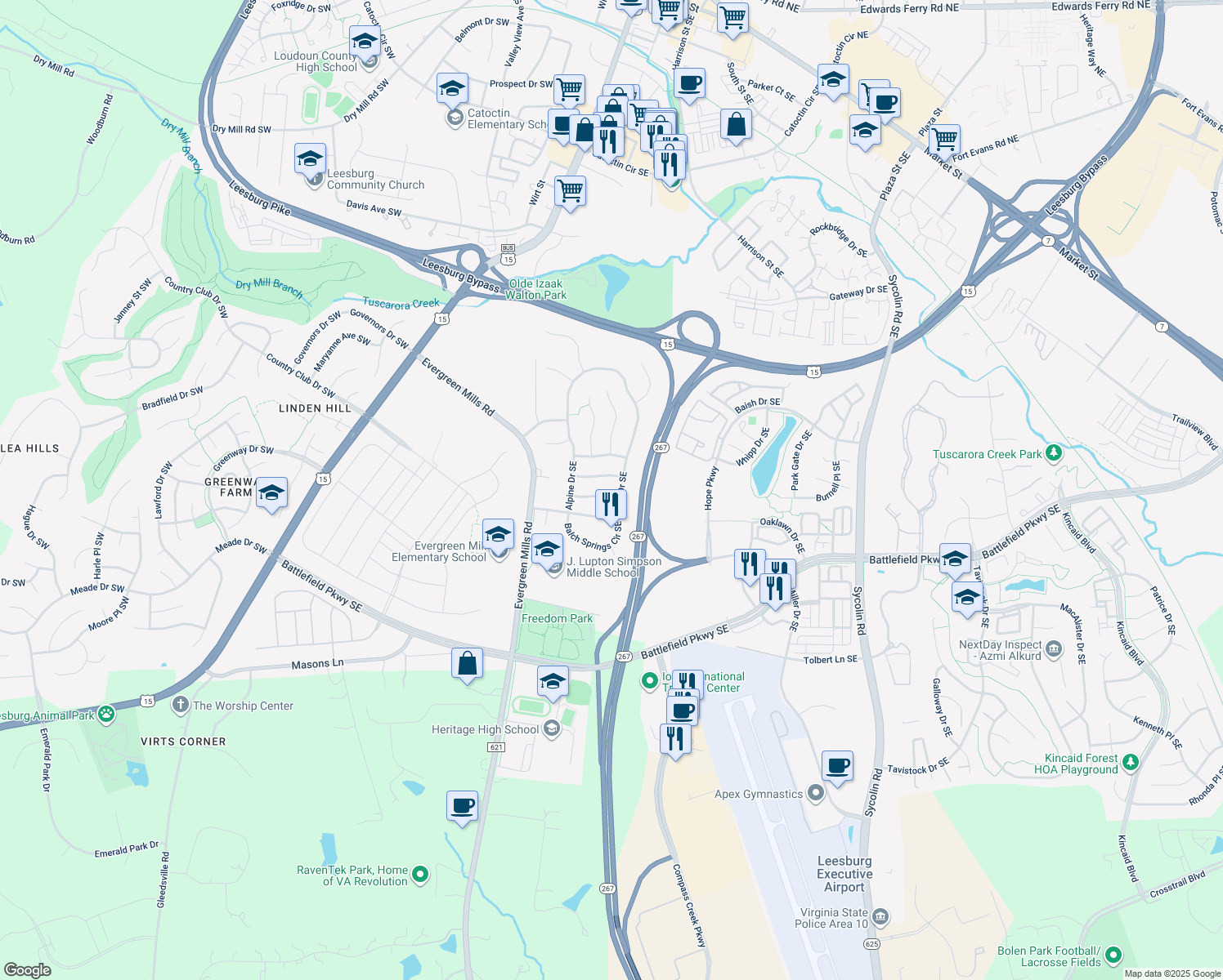 map of restaurants, bars, coffee shops, grocery stores, and more near 118 Dalhart Drive Southeast in Leesburg
