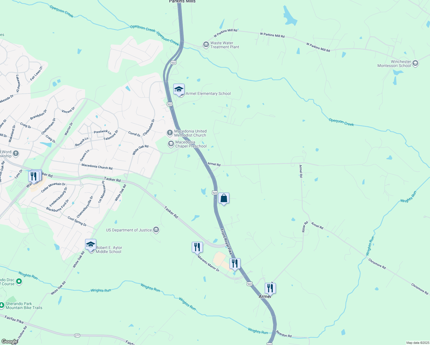 map of restaurants, bars, coffee shops, grocery stores, and more near 2573 Front Royal Pike in Winchester