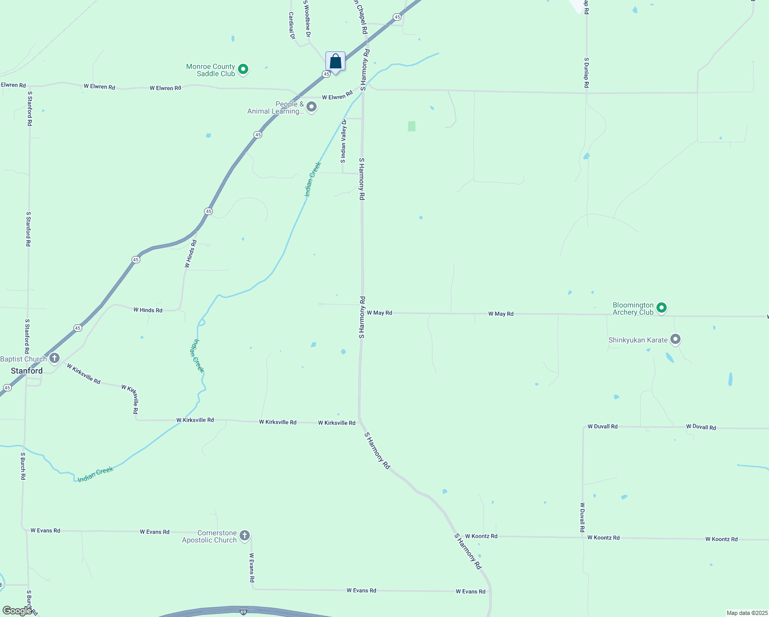 map of restaurants, bars, coffee shops, grocery stores, and more near 7390-7460 West May Road in Bloomington