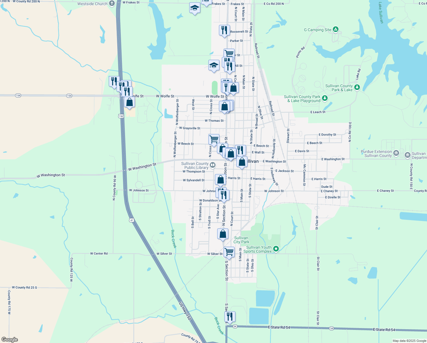 map of restaurants, bars, coffee shops, grocery stores, and more near 298 West Jackson Street in Sullivan